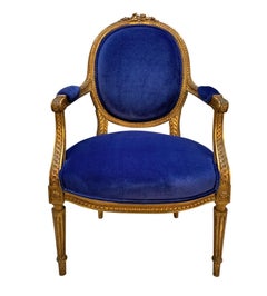 Set Of Four Louis XVI Style Giltwood Armchairs In Blue Velvet