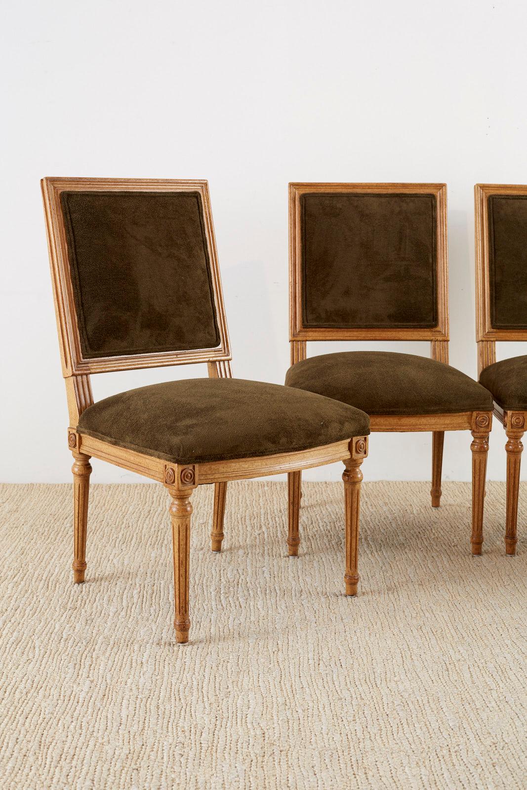 American Set of Four Louis XVI Style Green Velvet Dining Chairs