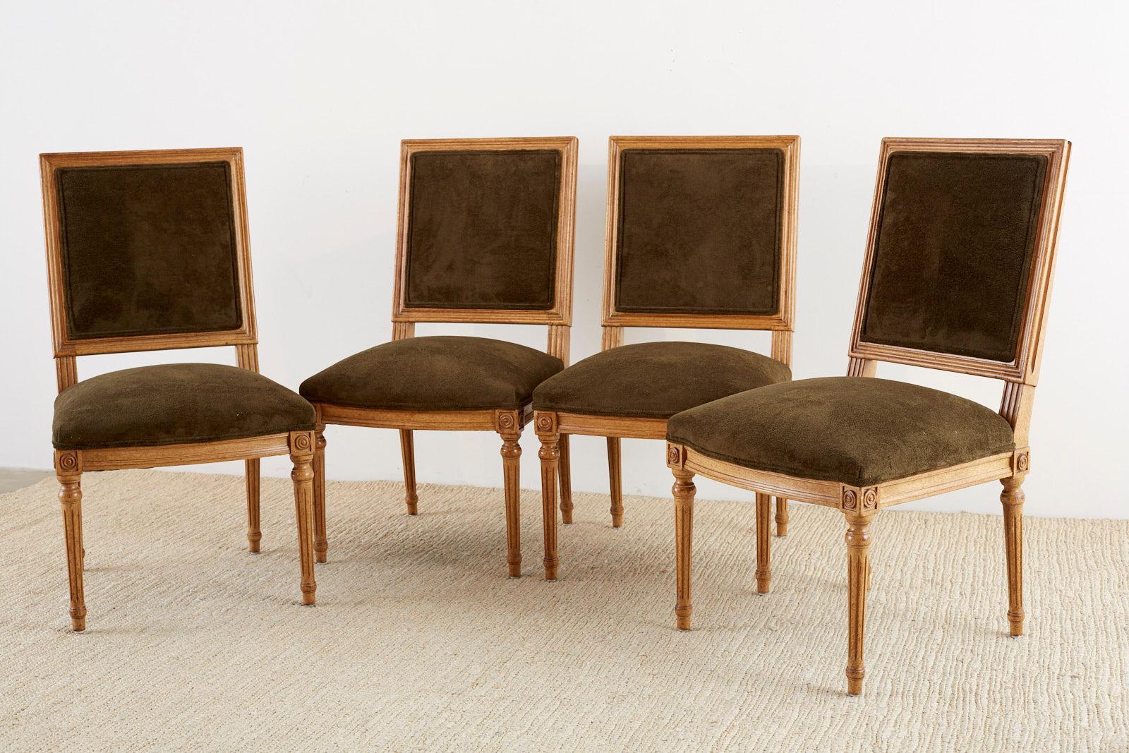Hand-Crafted Set of Four Louis XVI Style Green Velvet Dining Chairs