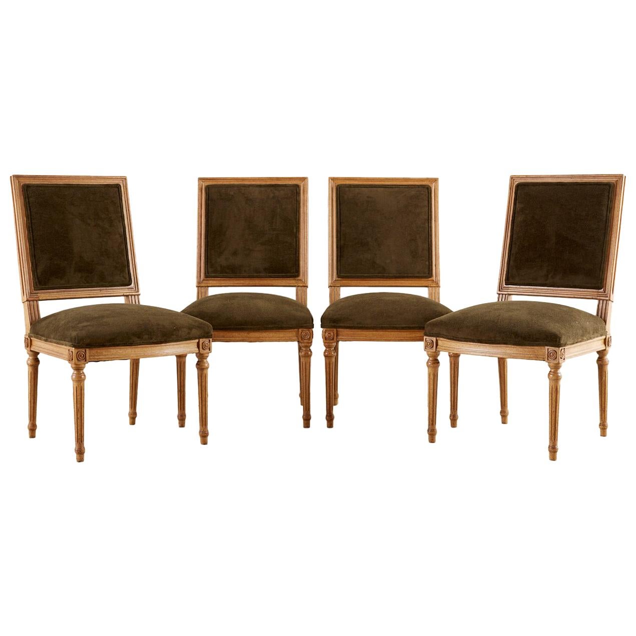 Set of Four Louis XVI Style Green Velvet Dining Chairs