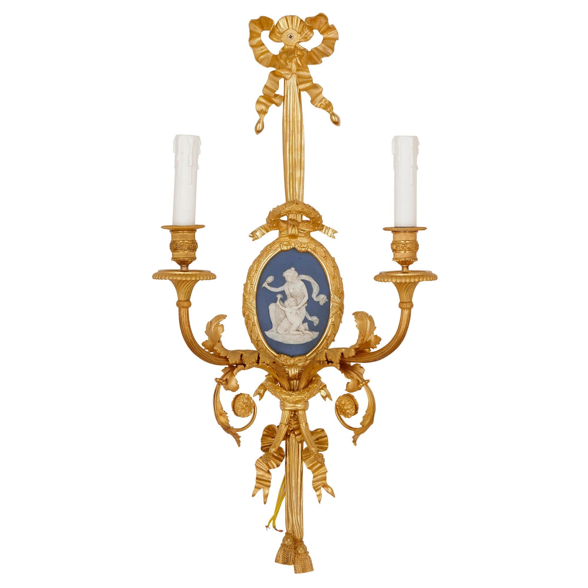 French Set of Four Louis XVI Style Jasperware and Gilt Bronze Wall Sconces For Sale
