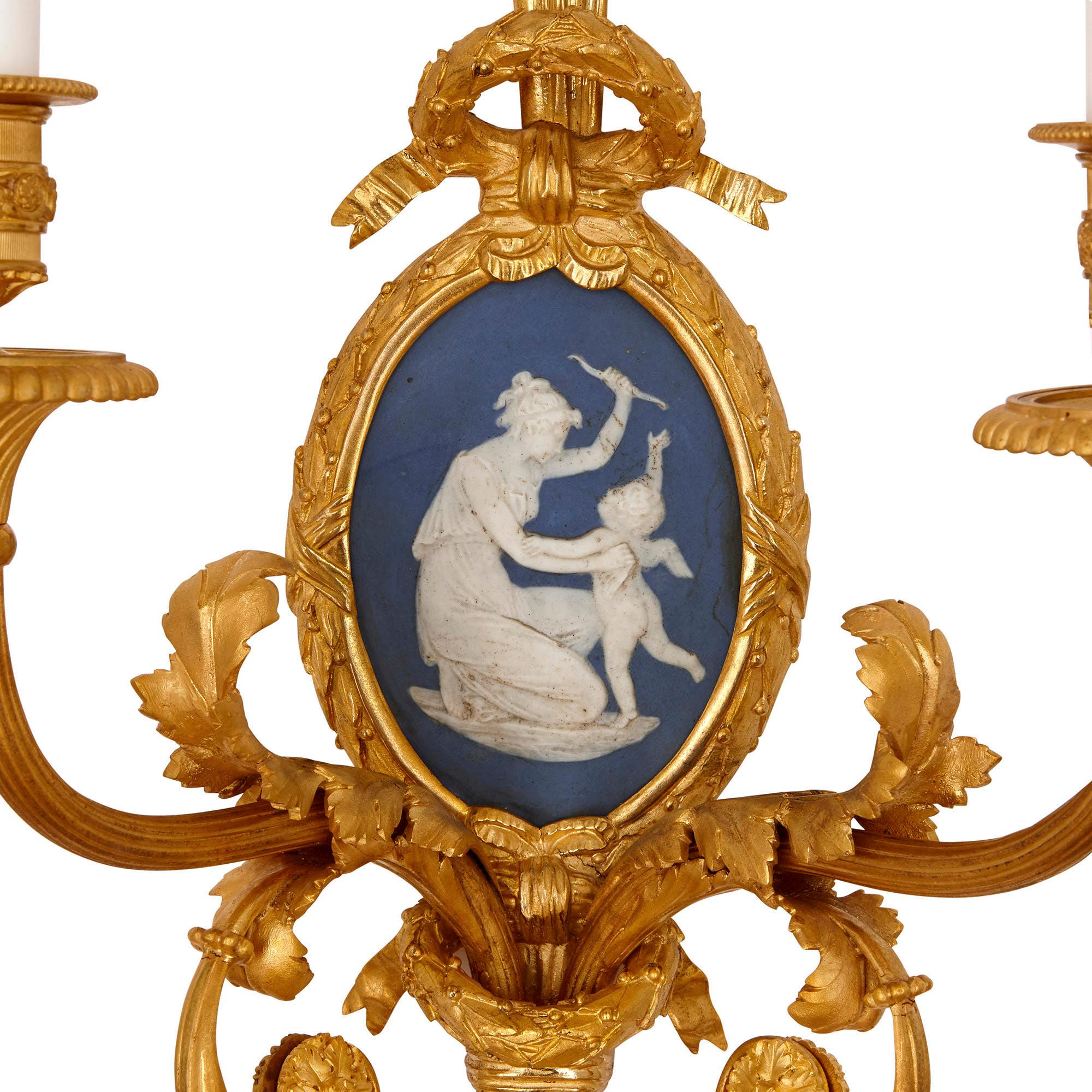 19th Century Set of Four Louis XVI Style Jasperware and Gilt Bronze Wall Sconces For Sale
