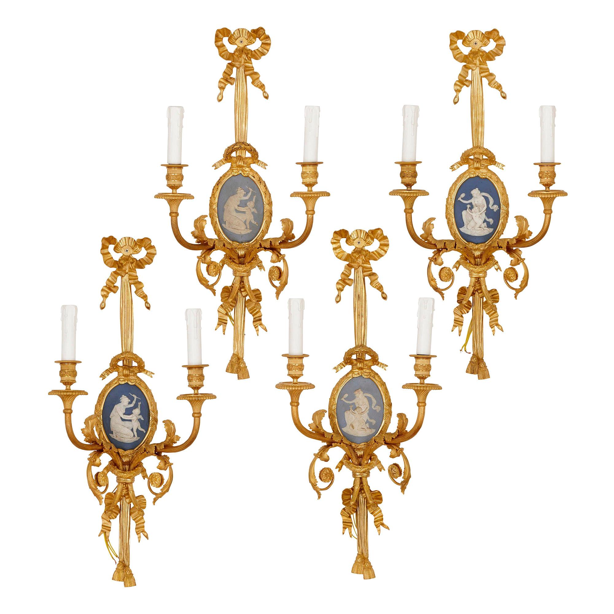 Set of Four Louis XVI Style Jasperware and Gilt Bronze Wall Sconces For Sale