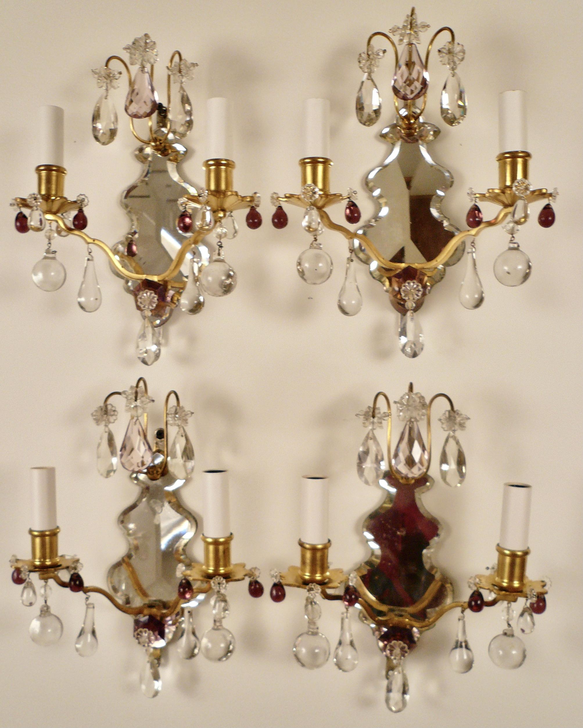 Set of Four Louis XVI Style Mirrored Back Bronze and Amethyst Crystal Sconces For Sale 8