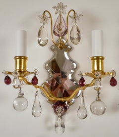 Set of Four Louis XVI Style Mirrored Back Bronze and Amethyst Crystal Sconces