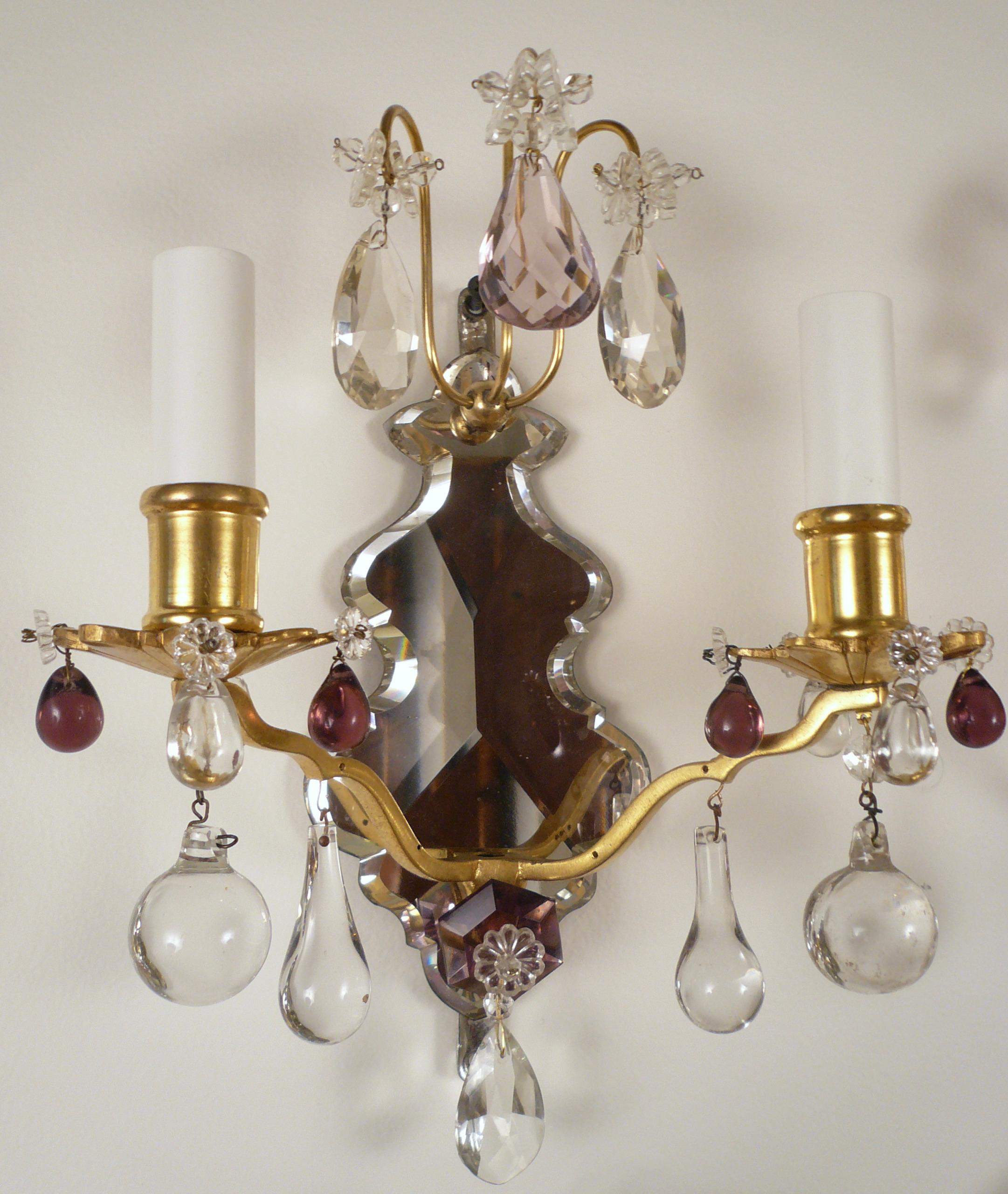 Gilt Set of Four Louis XVI Style Mirrored Back Bronze and Amethyst Crystal Sconces For Sale