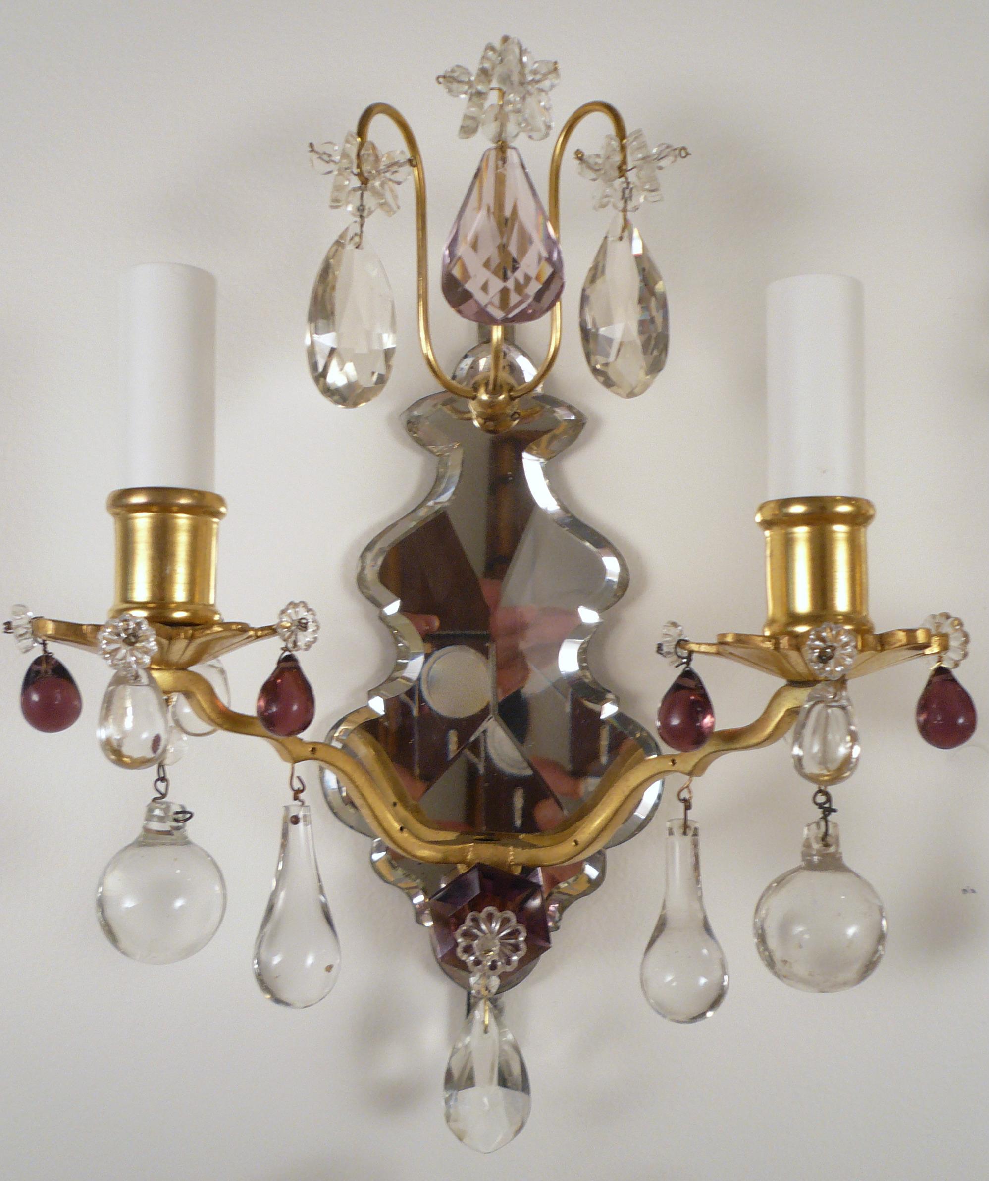 Set of Four Louis XVI Style Mirrored Back Bronze and Amethyst Crystal Sconces In Good Condition For Sale In Pittsburgh, PA