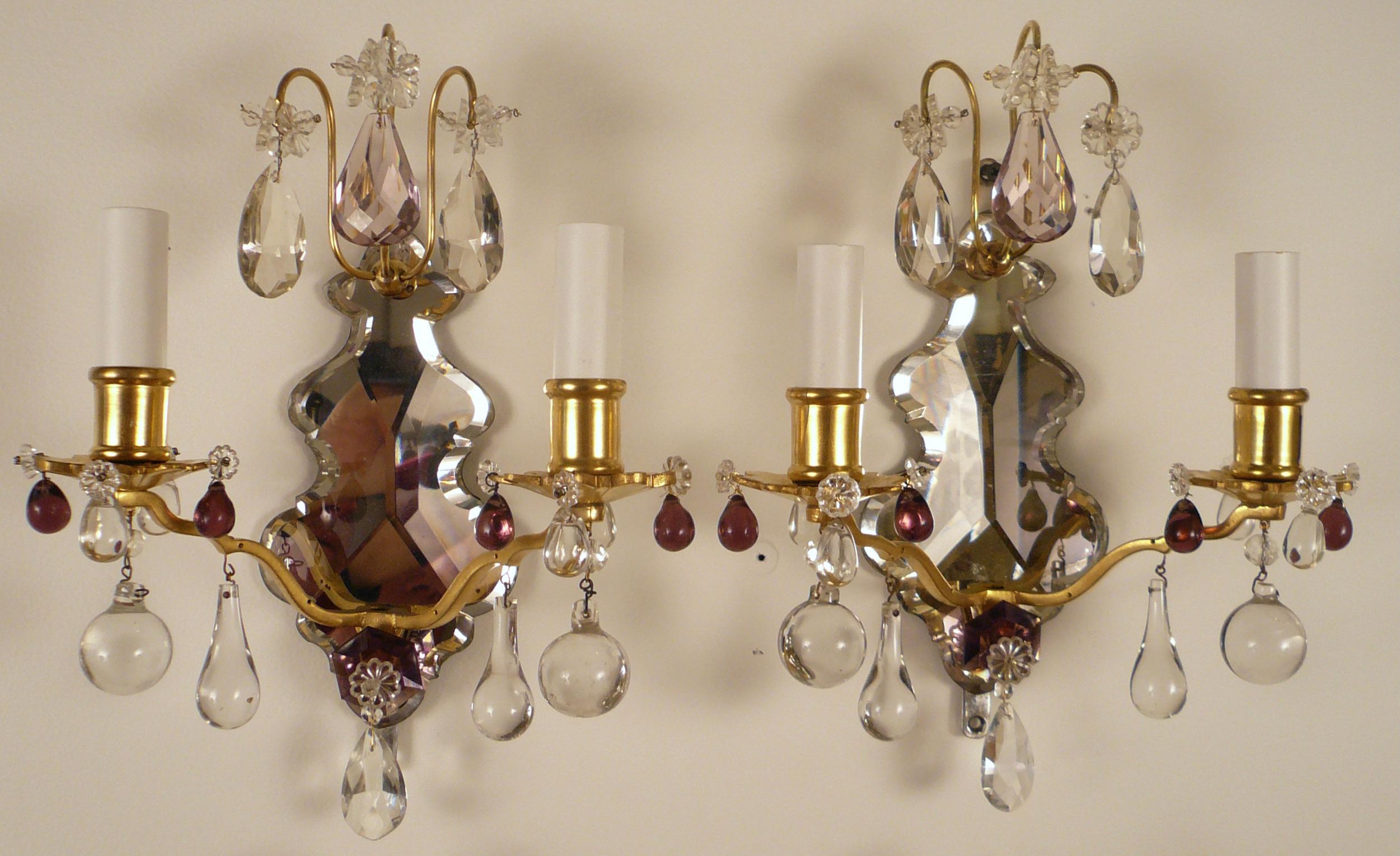 18th Century Set of Four Louis XVI Style Mirrored Back Bronze and Amethyst Crystal Sconces For Sale