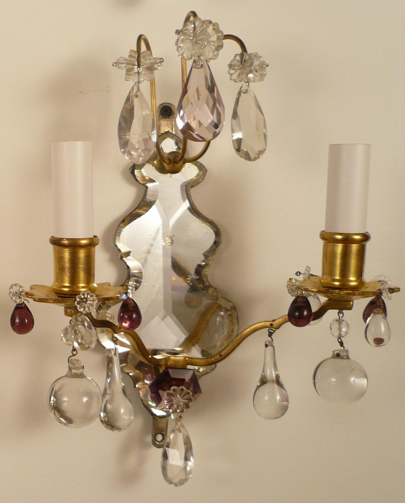 Set of Four Louis XVI Style Mirrored Back Bronze and Amethyst Crystal Sconces For Sale 1