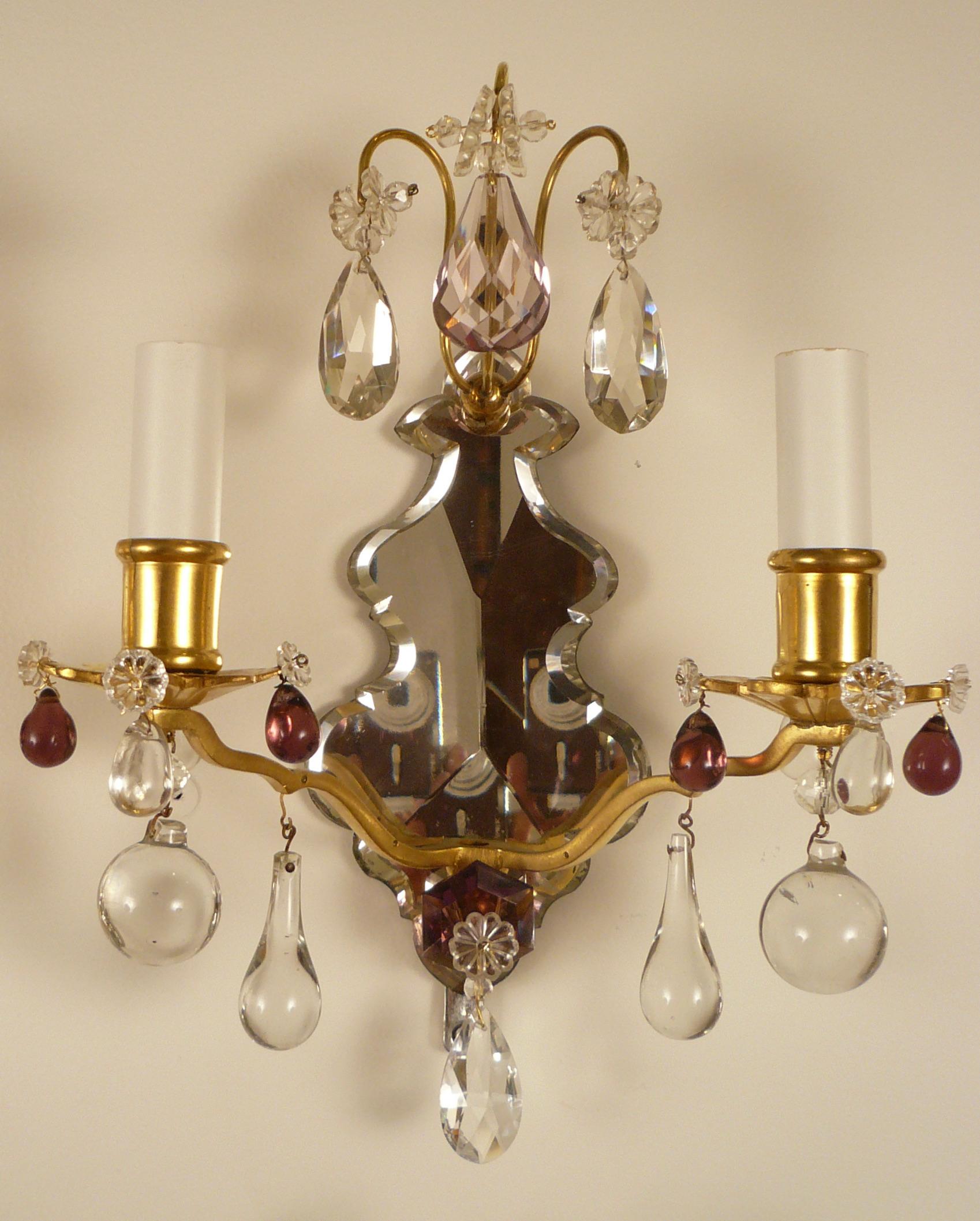 Set of Four Louis XVI Style Mirrored Back Bronze and Amethyst Crystal Sconces For Sale 2