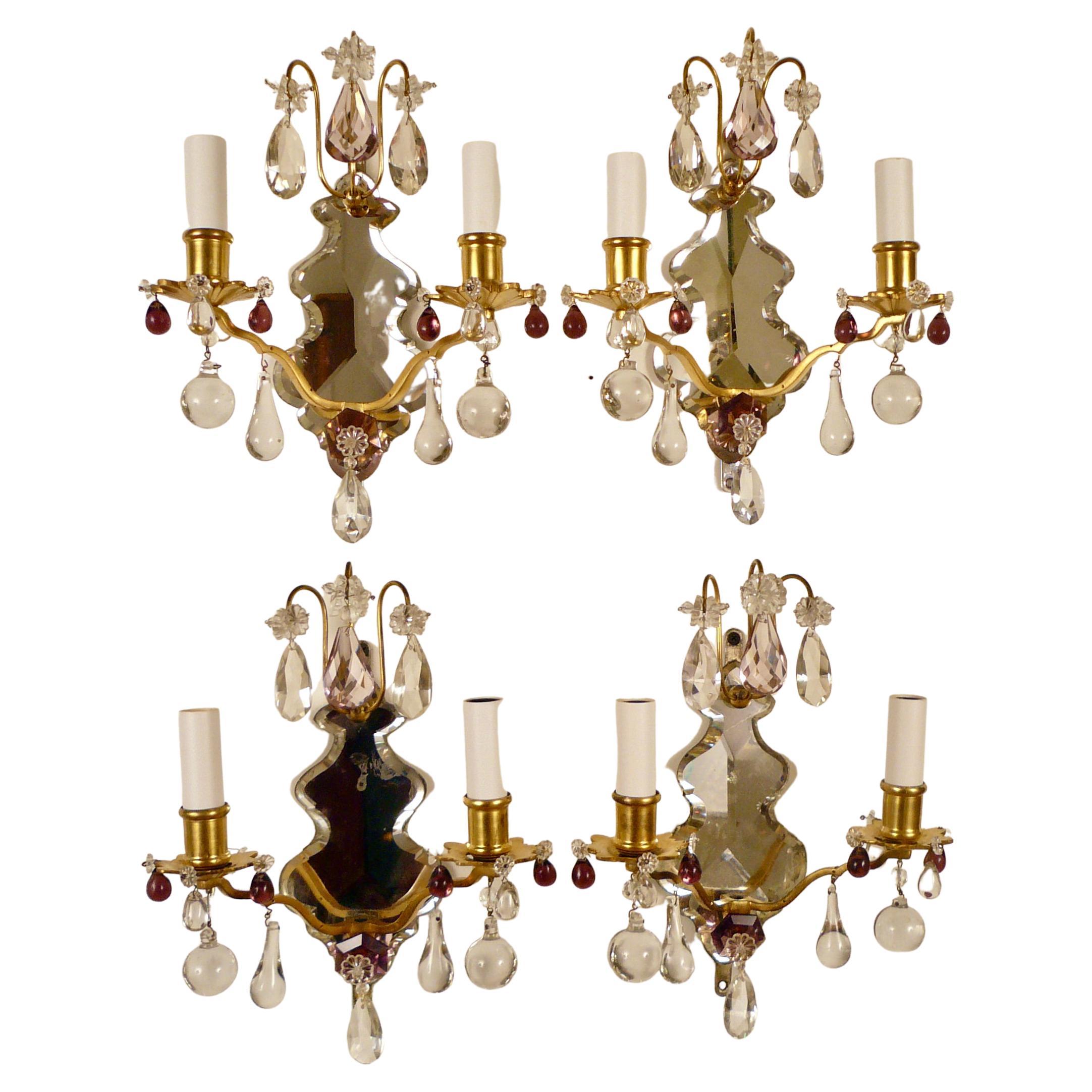 Set of Four Louis XVI Style Mirrored Back Bronze and Amethyst Crystal Sconces