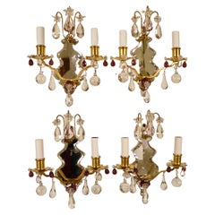 Set of Four Louis XVI Style Mirrored Back Bronze and Amethyst Crystal Sconces