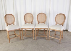 Set of Four Louis XVI Style Oak Cane Counter Bar Stools