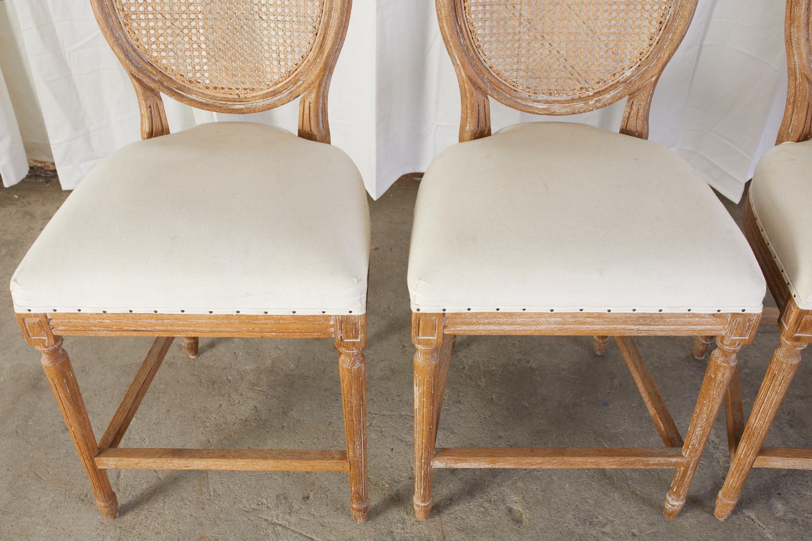 Set of Four Louis XVI Style Oak Cane Counter Bar Stools In Good Condition In Rio Vista, CA