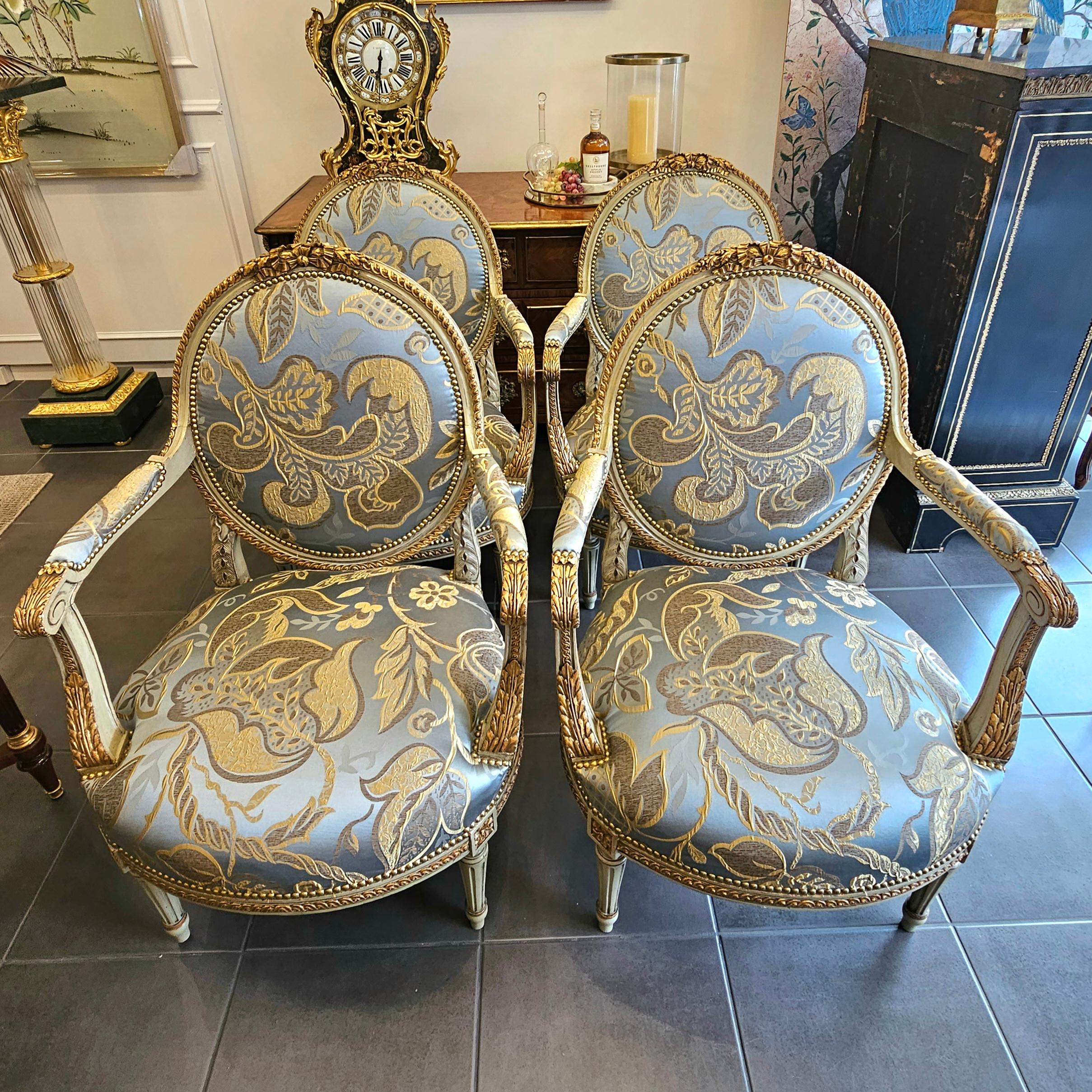 French Set of Four Louis XVI Style Painted and Giltwood Fauteuils For Sale