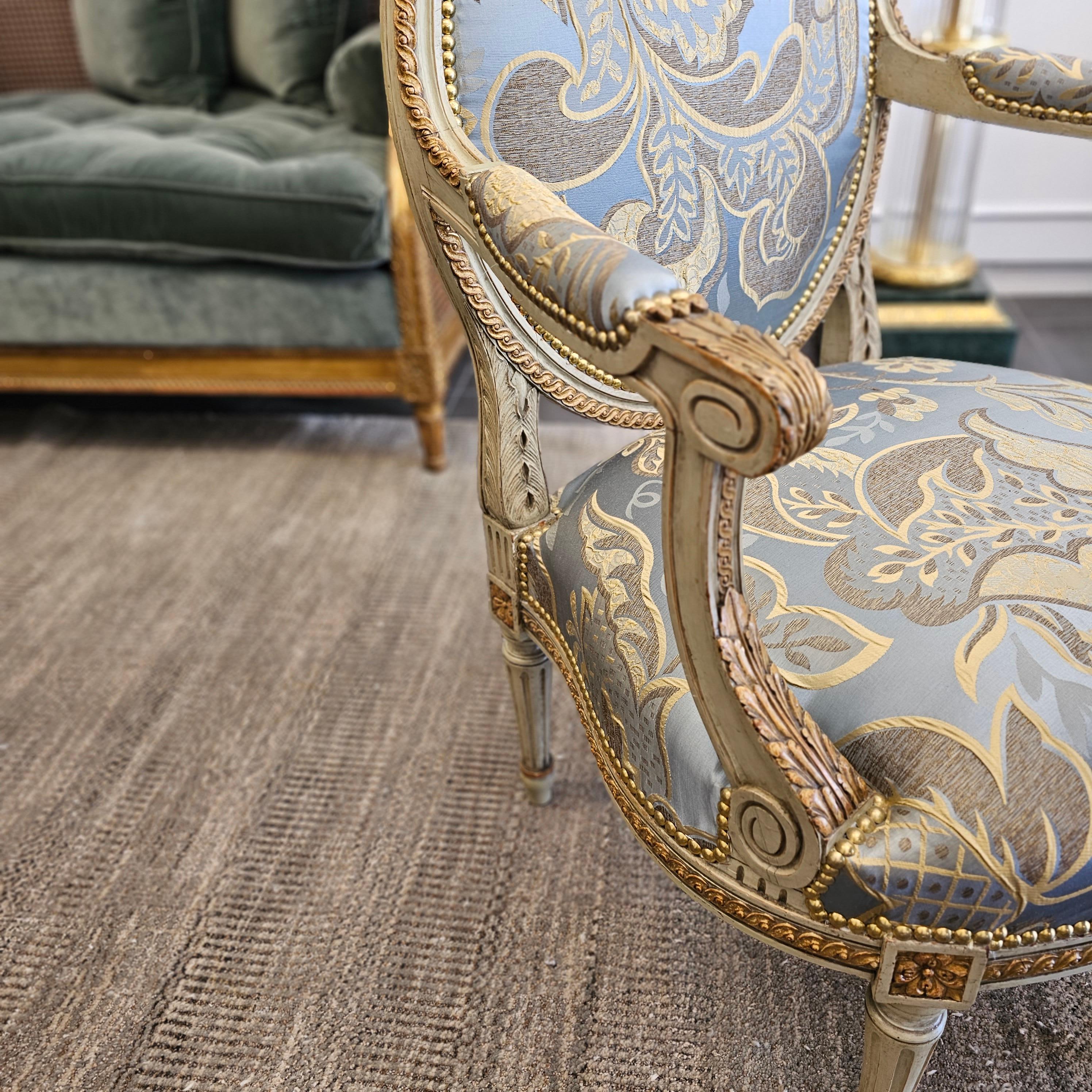 Late 19th Century Set of Four Louis XVI Style Painted and Giltwood Fauteuils For Sale