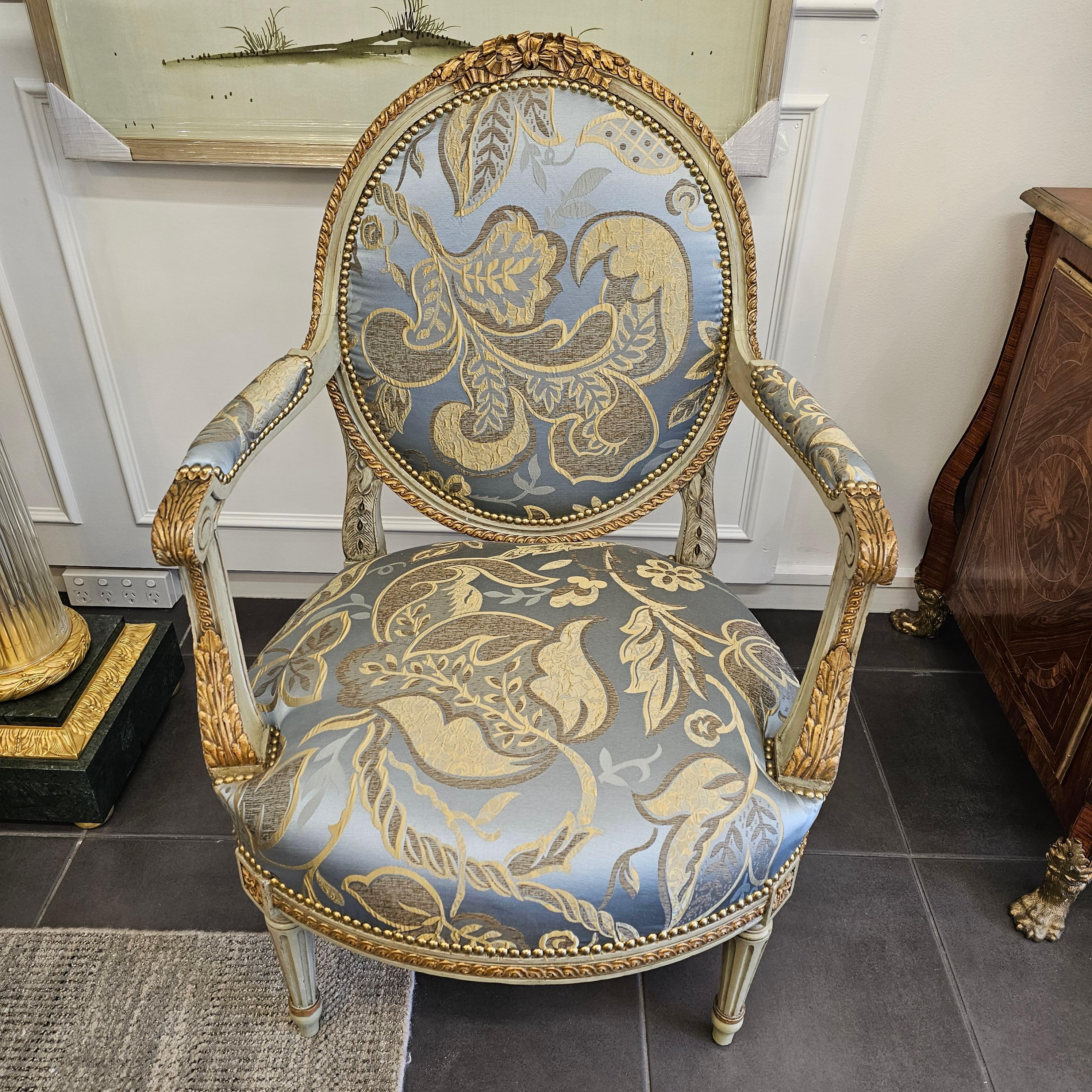 Silk Set of Four Louis XVI Style Painted and Giltwood Fauteuils For Sale