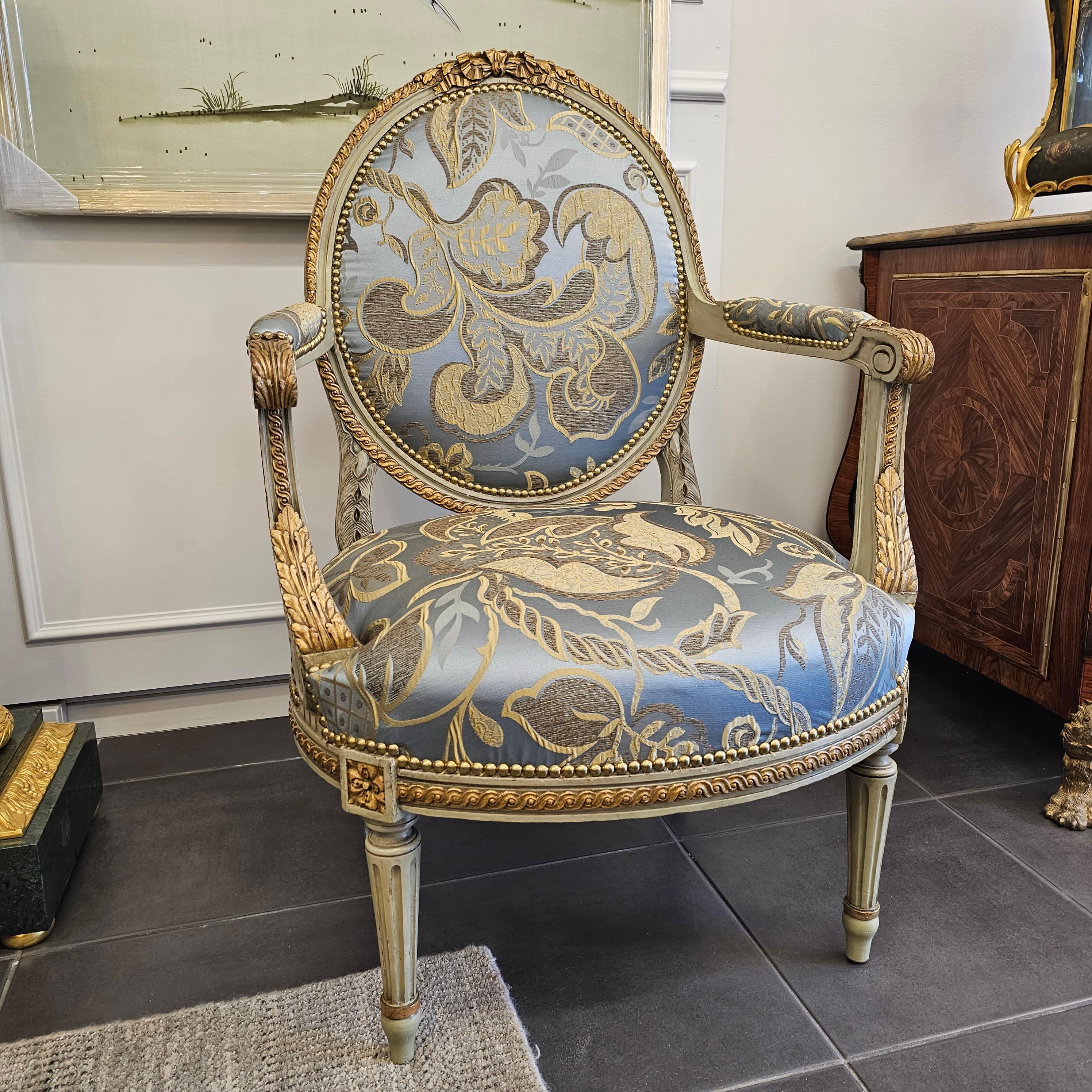 Set of Four Louis XVI Style Painted and Giltwood Fauteuils For Sale 1