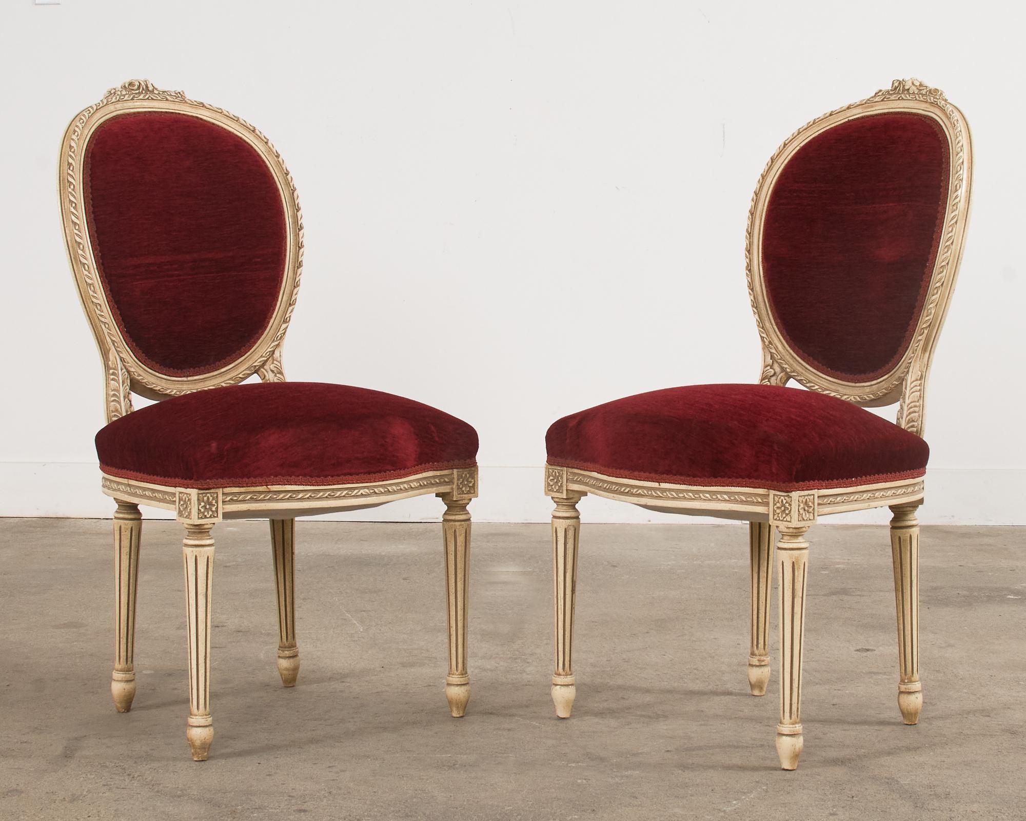 Velvet Set of Four Louis XVI Style Painted Dining Chairs For Sale
