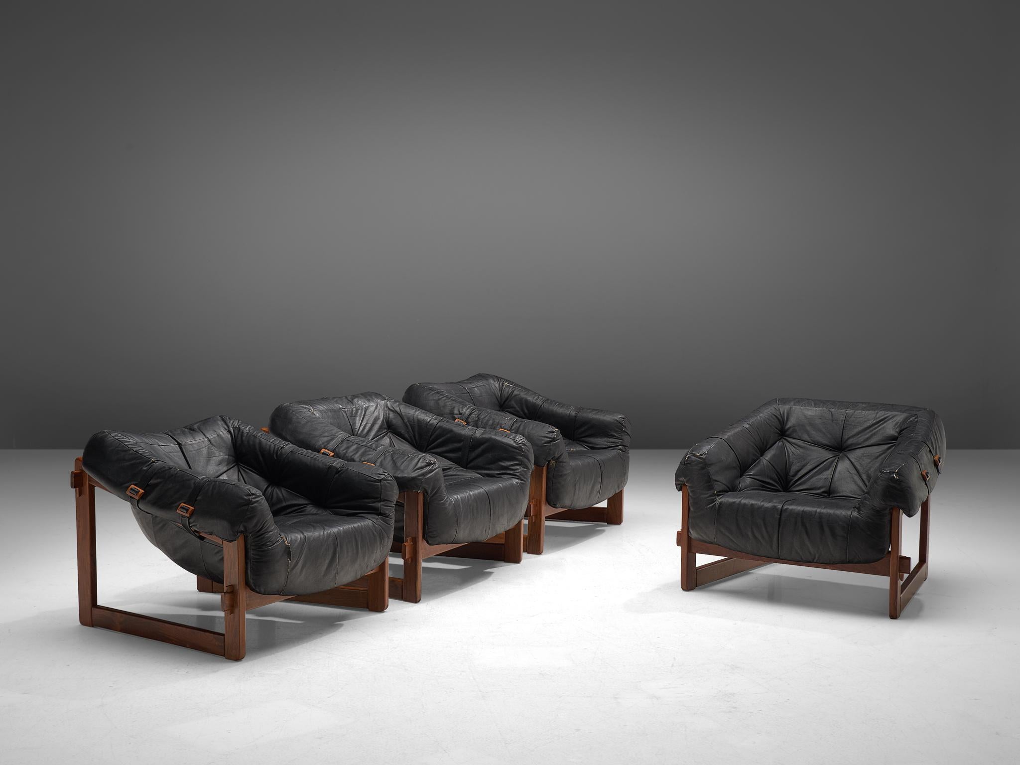 Mid-Century Modern Set of Four Lounge Chairs in Original Black Leather by Percival Lafer