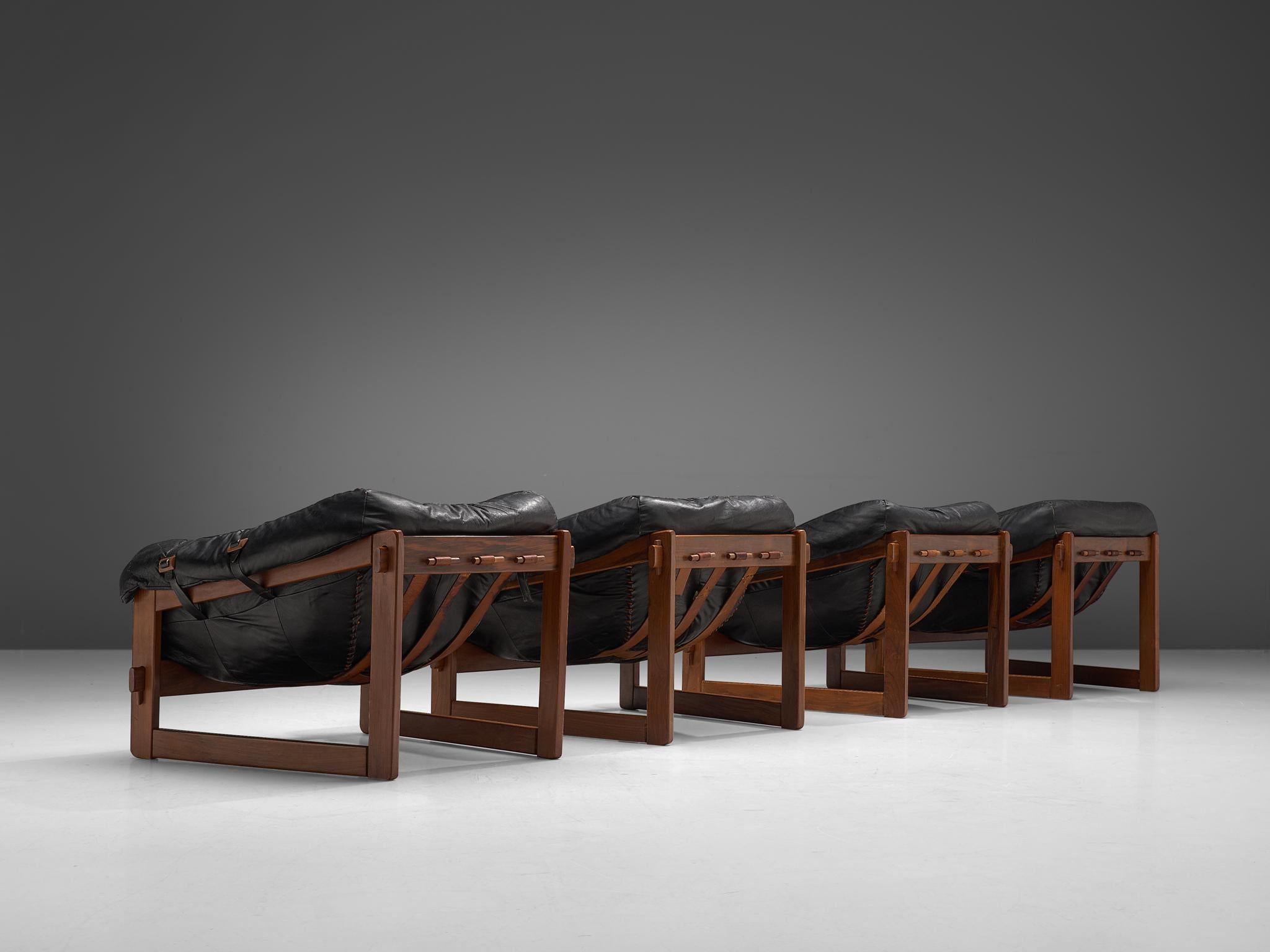 Brazilian Set of Four Lounge Chairs in Original Black Leather by Percival Lafer