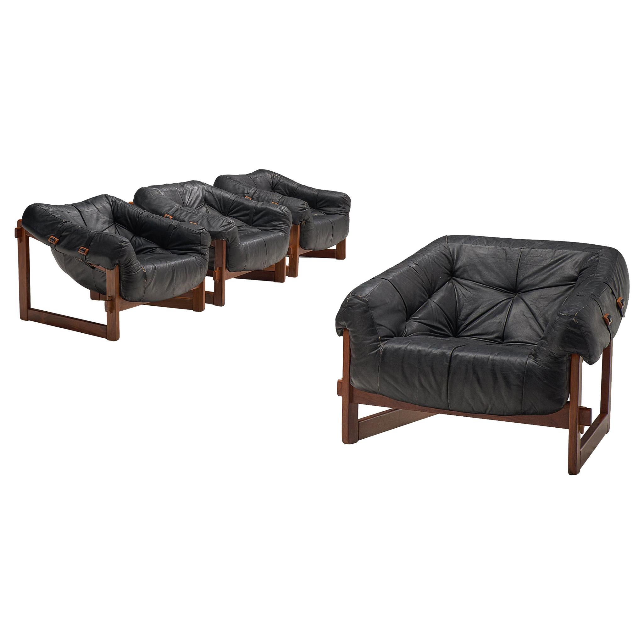 Set of Four Lounge Chairs in Original Black Leather by Percival Lafer