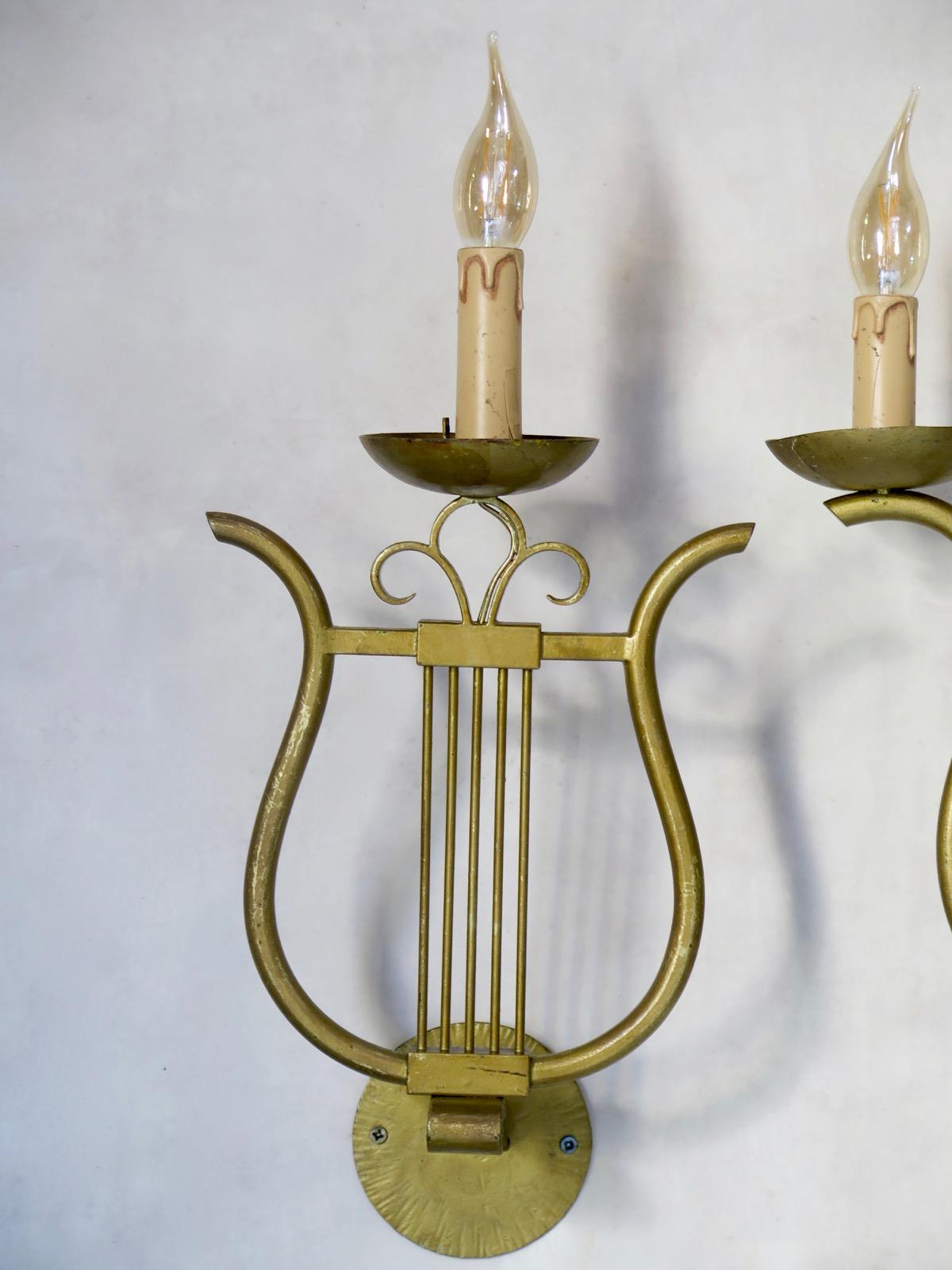 French Set of Four Lyre Shaped Sconces, France, 1950s For Sale