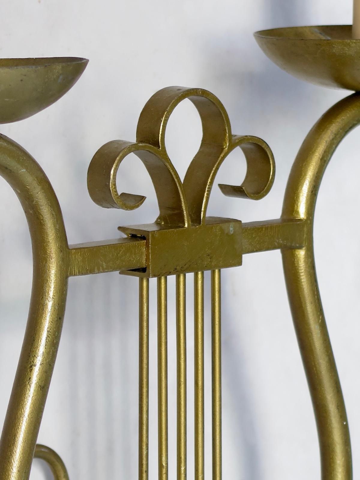 Gilt Set of Four Lyre Shaped Sconces, France, 1950s For Sale