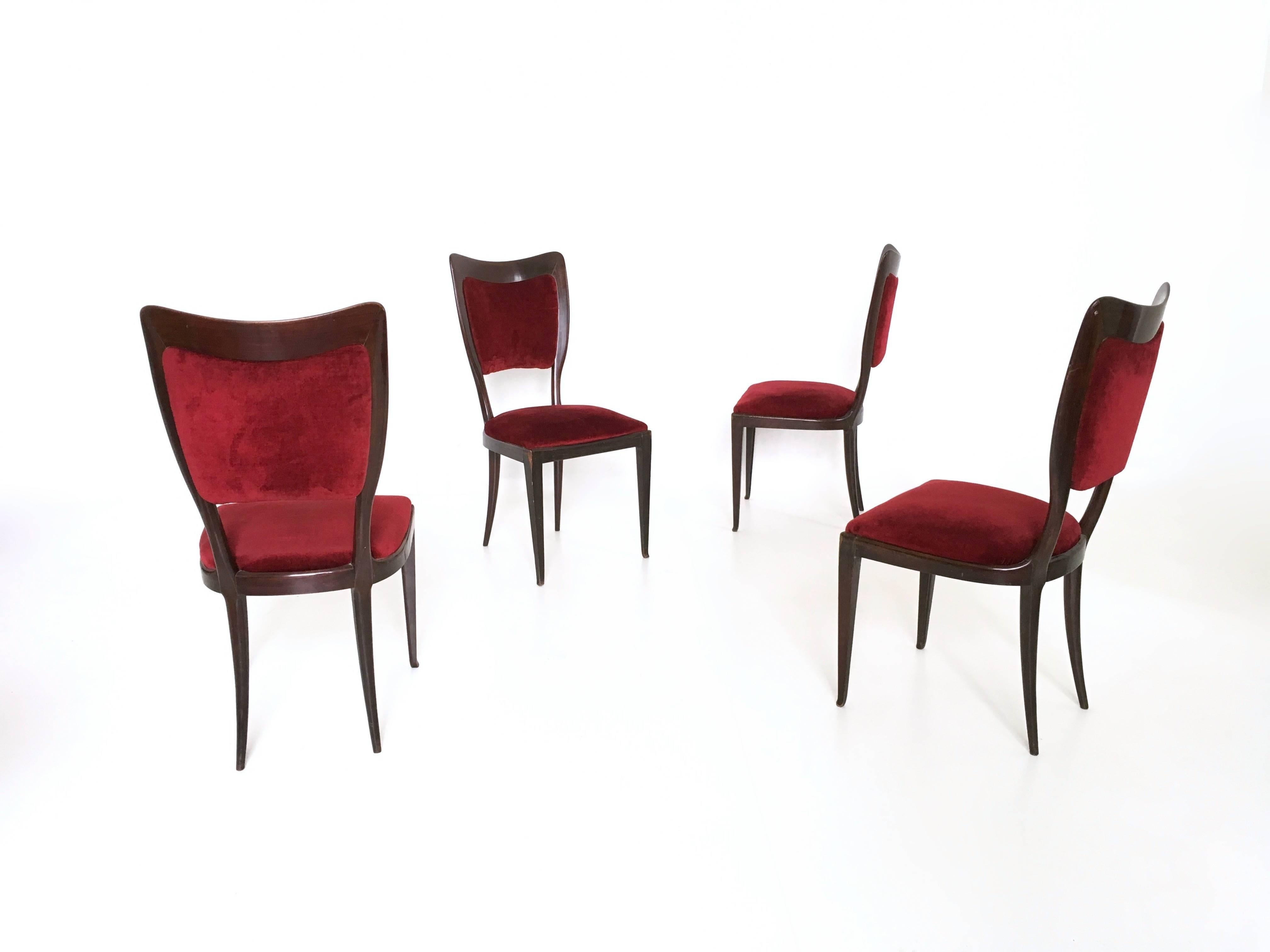 Mid-Century Modern Set of Four Vintage Walnut and Crimson Velvet Chairs by Paolo Buffa, Italy