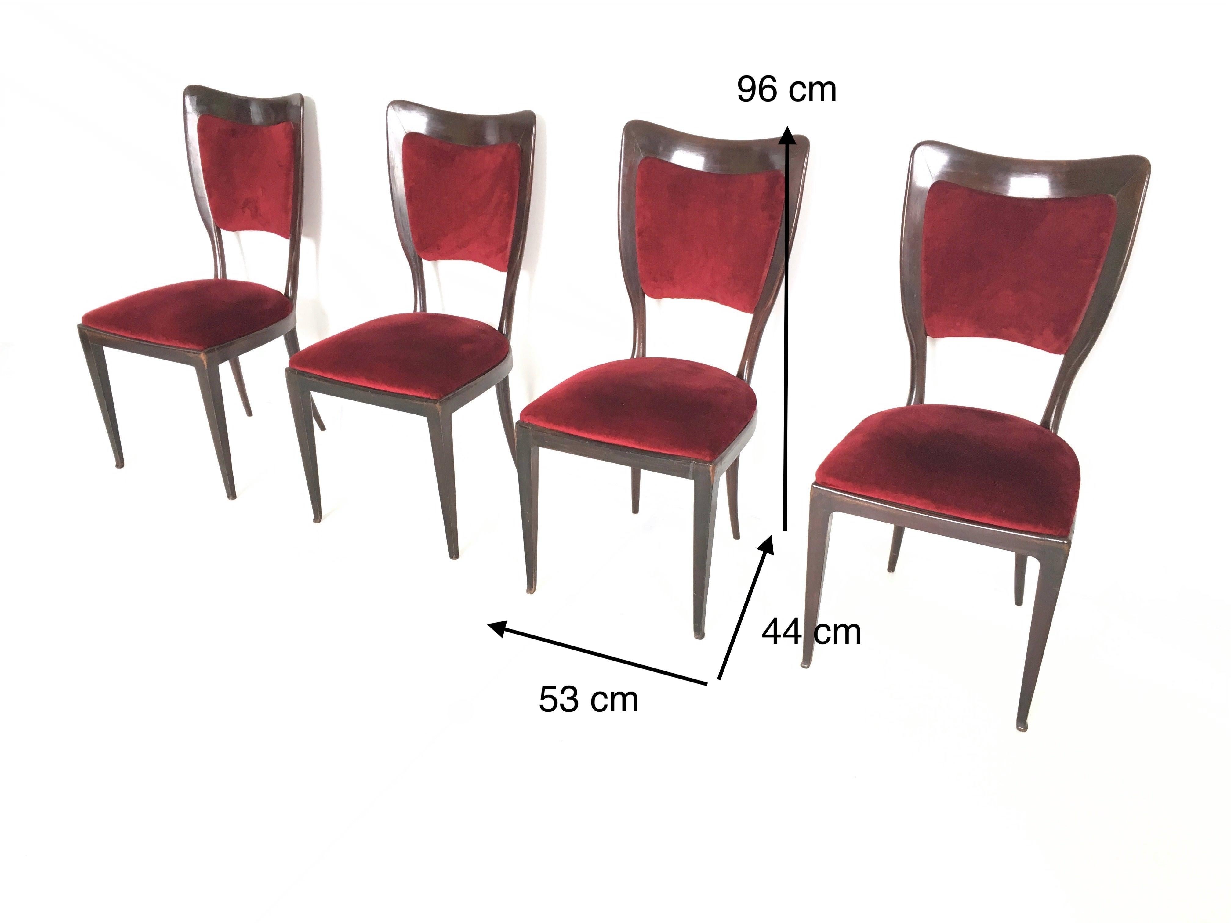 Set of Four Vintage Walnut and Crimson Velvet Chairs by Paolo Buffa, Italy 1