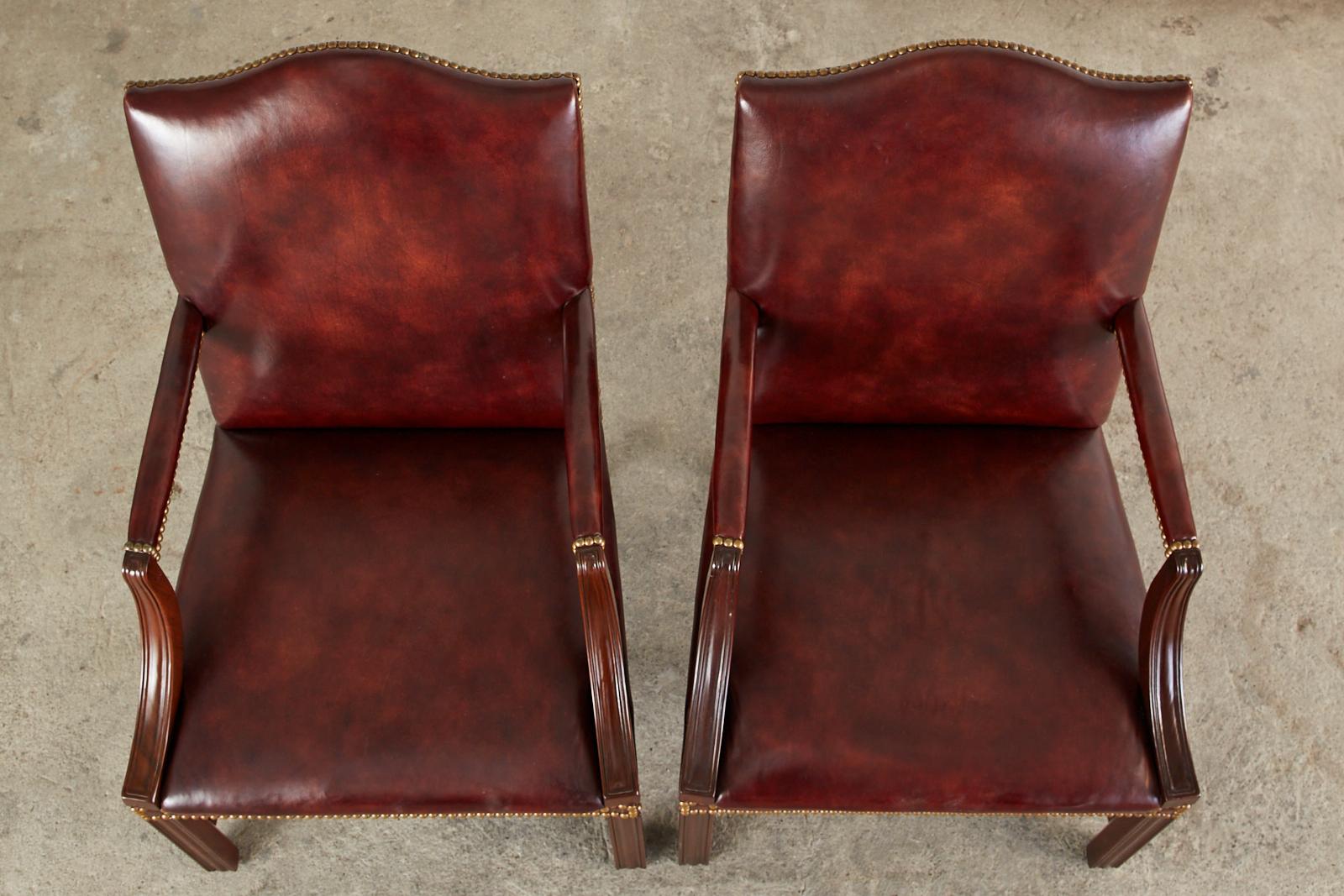 Hand-Crafted Set of Four Mahogany Gainsborough Leather Library Armchairs