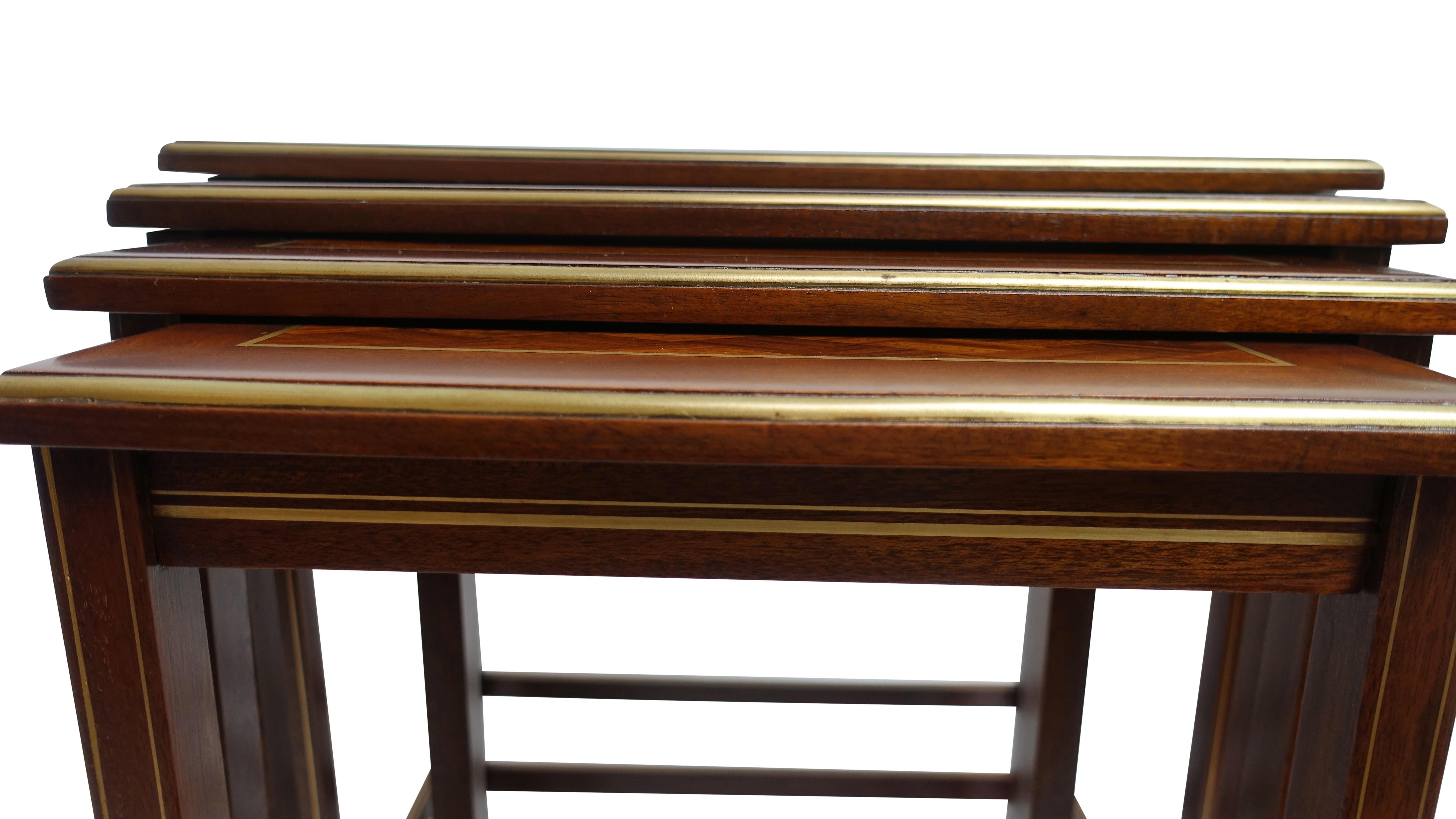 Set of Four Mahogany Nesting Tables with Brass Inlay and Trim, Mid-20th Century For Sale 4