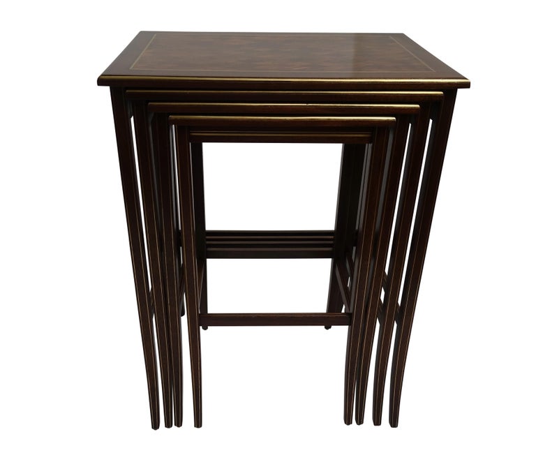 Set of Four Mahogany Nesting Tables with Brass Inlay and Trim, Mid20th
