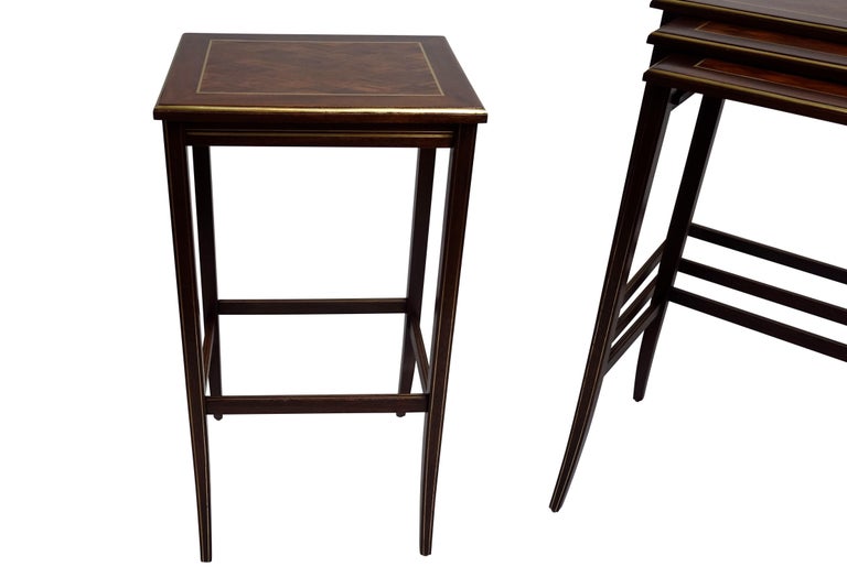 Set of Four Mahogany Nesting Tables with Brass Inlay and Trim, Mid20th