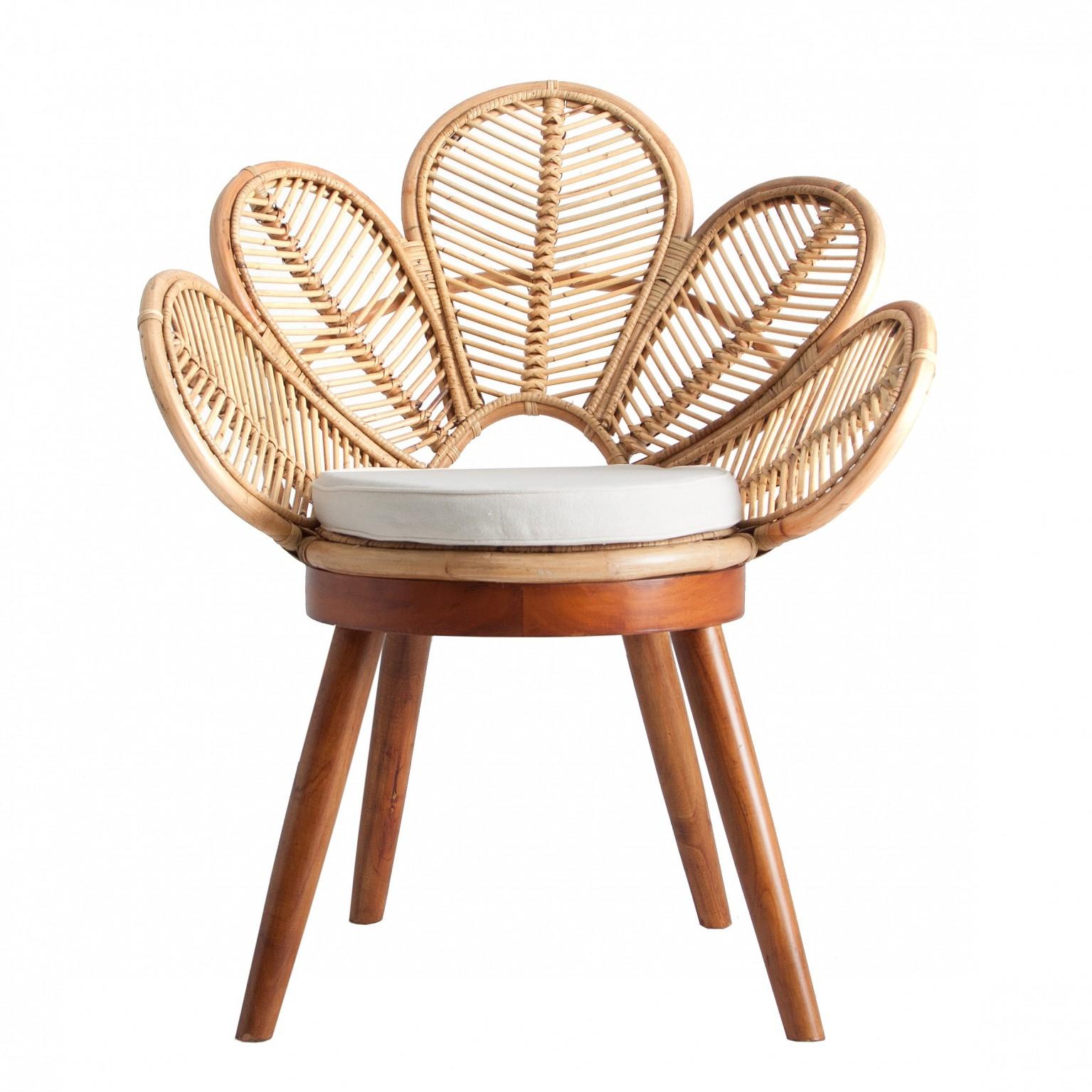 Contemporary Set of Four Mahogany Wood and Rattan Flower Armchairs