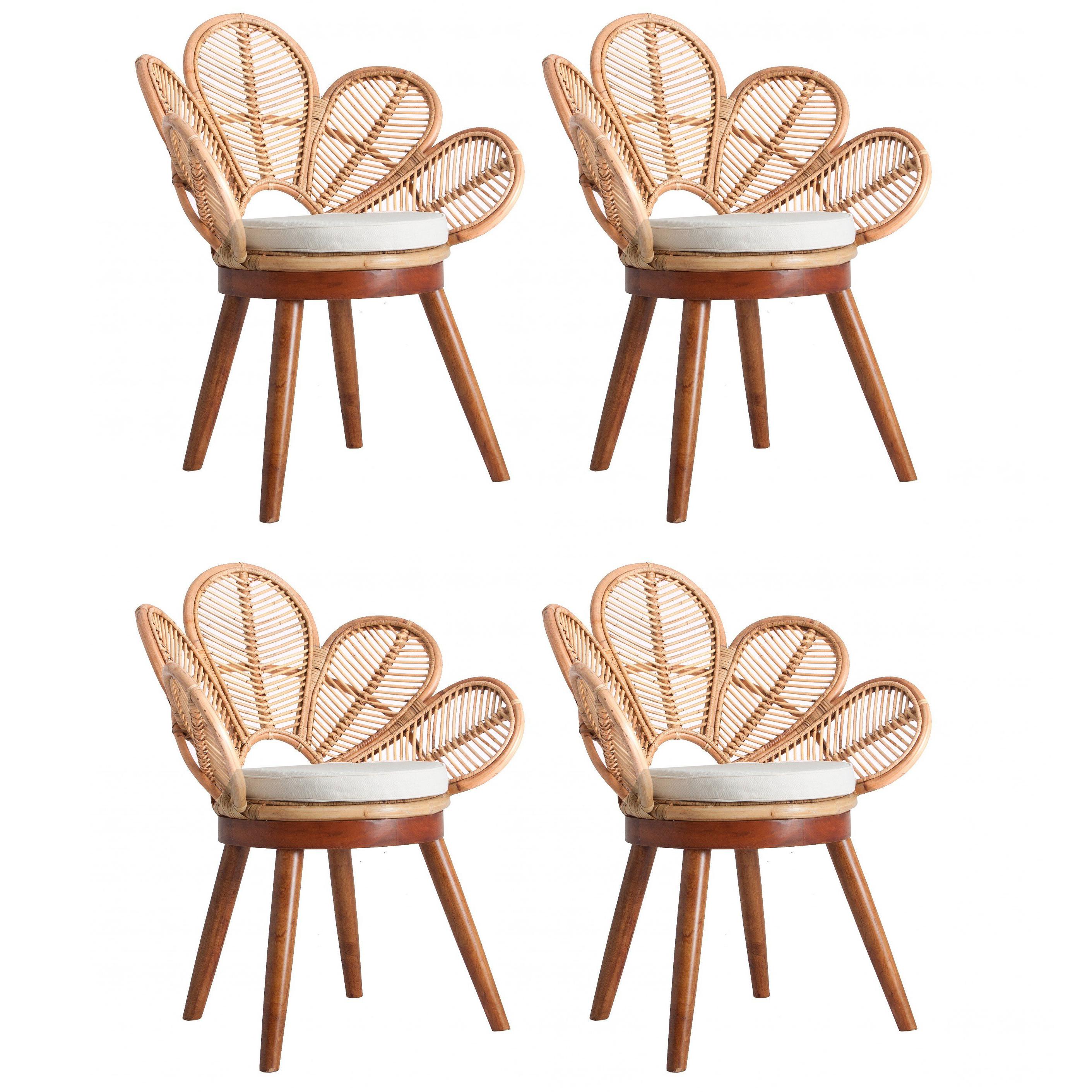 Set of Four Mahogany Wood and Rattan Flower Armchairs