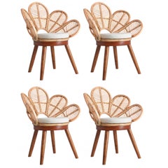Set of Four Mahogany Wood and Rattan Flower Armchairs