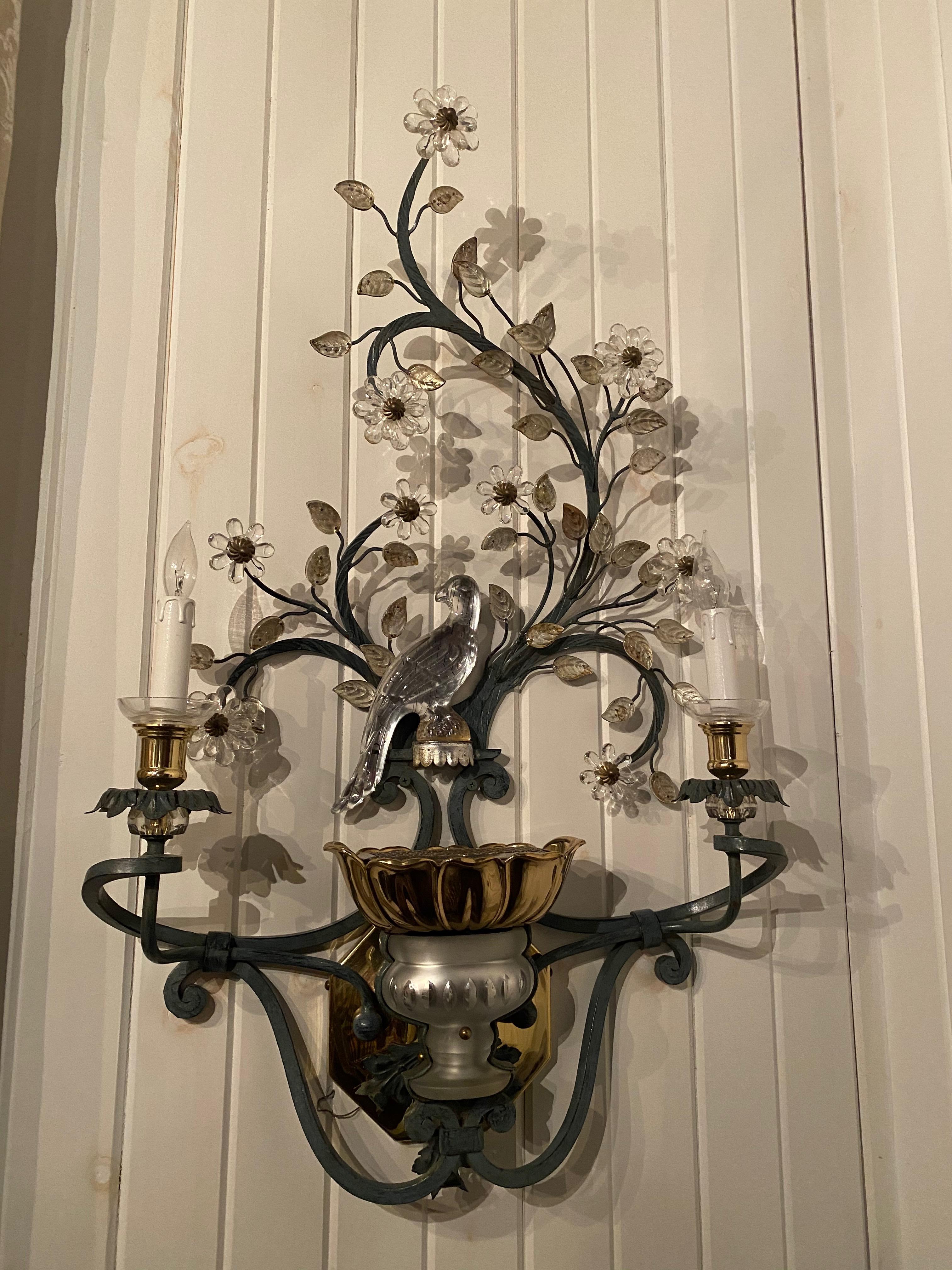 Set of Four Maison Baguès Style Crystal and Iron Two-Arm Sconces 2 Right, 2 Left In Excellent Condition In Buchanan, MI