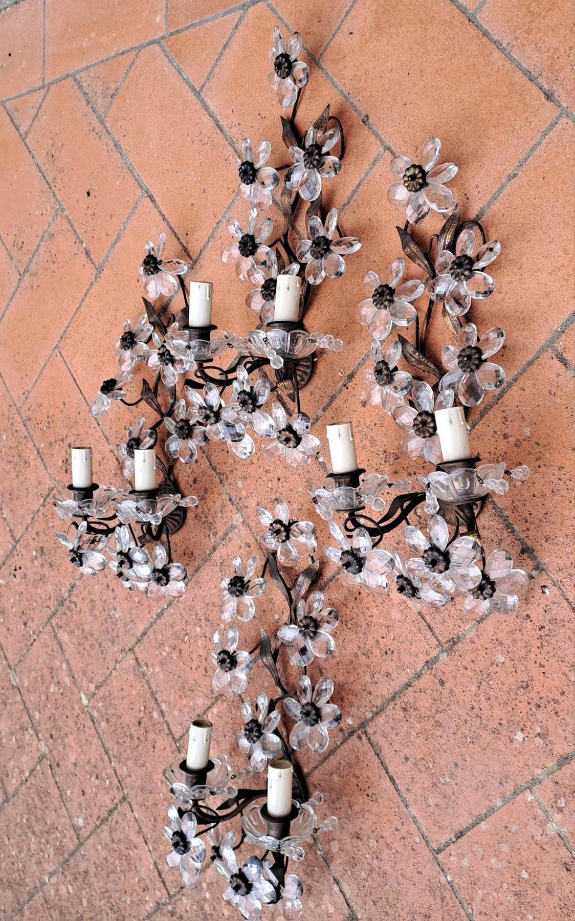 Faceted Four Maison Baguès Wrought Iron Clear Crystal Flower Wall Sconces, 1920s