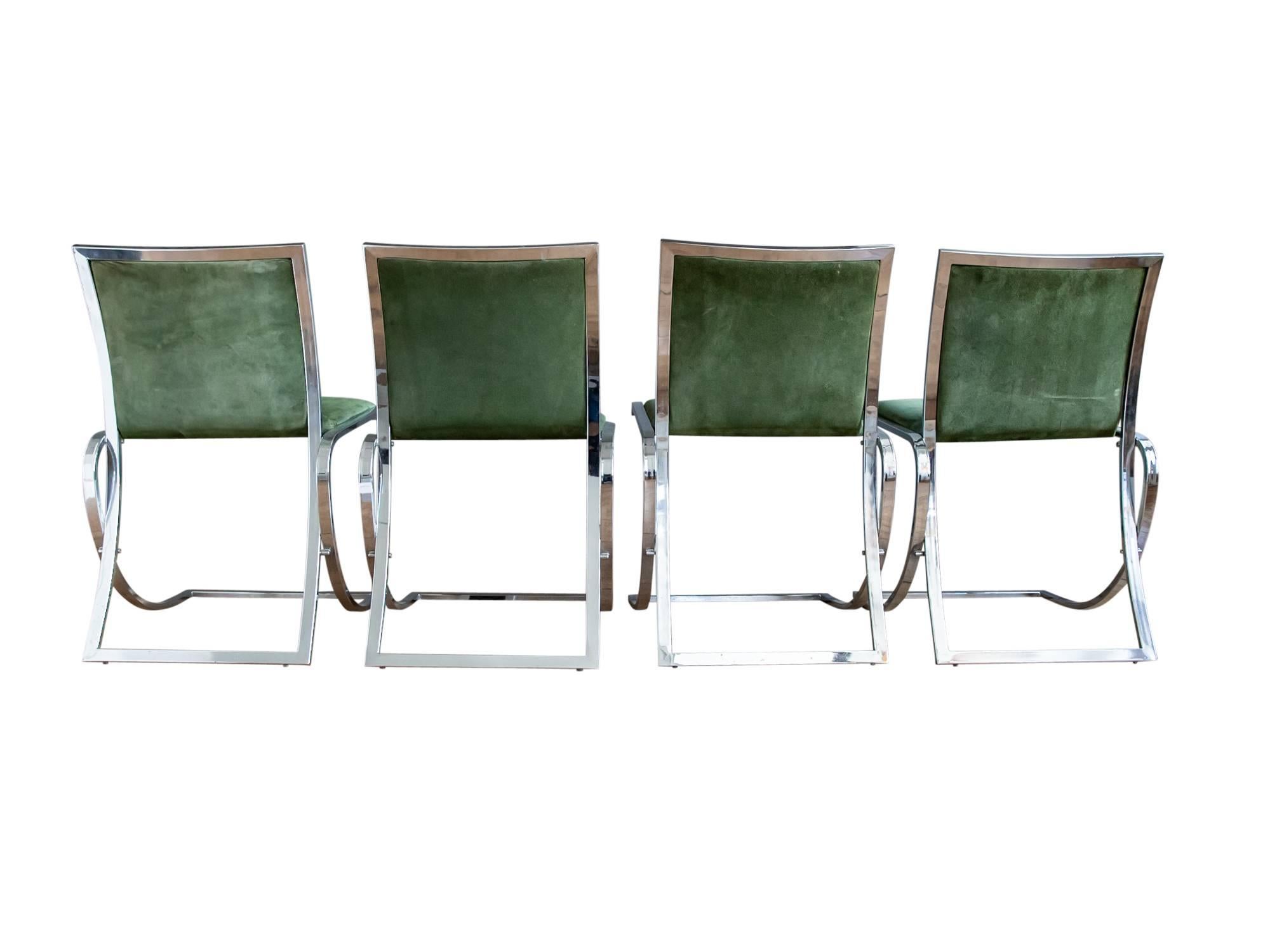 Post-Modern Set of Four Maison Jansen Chrome and Suede Dining Chairs For Sale