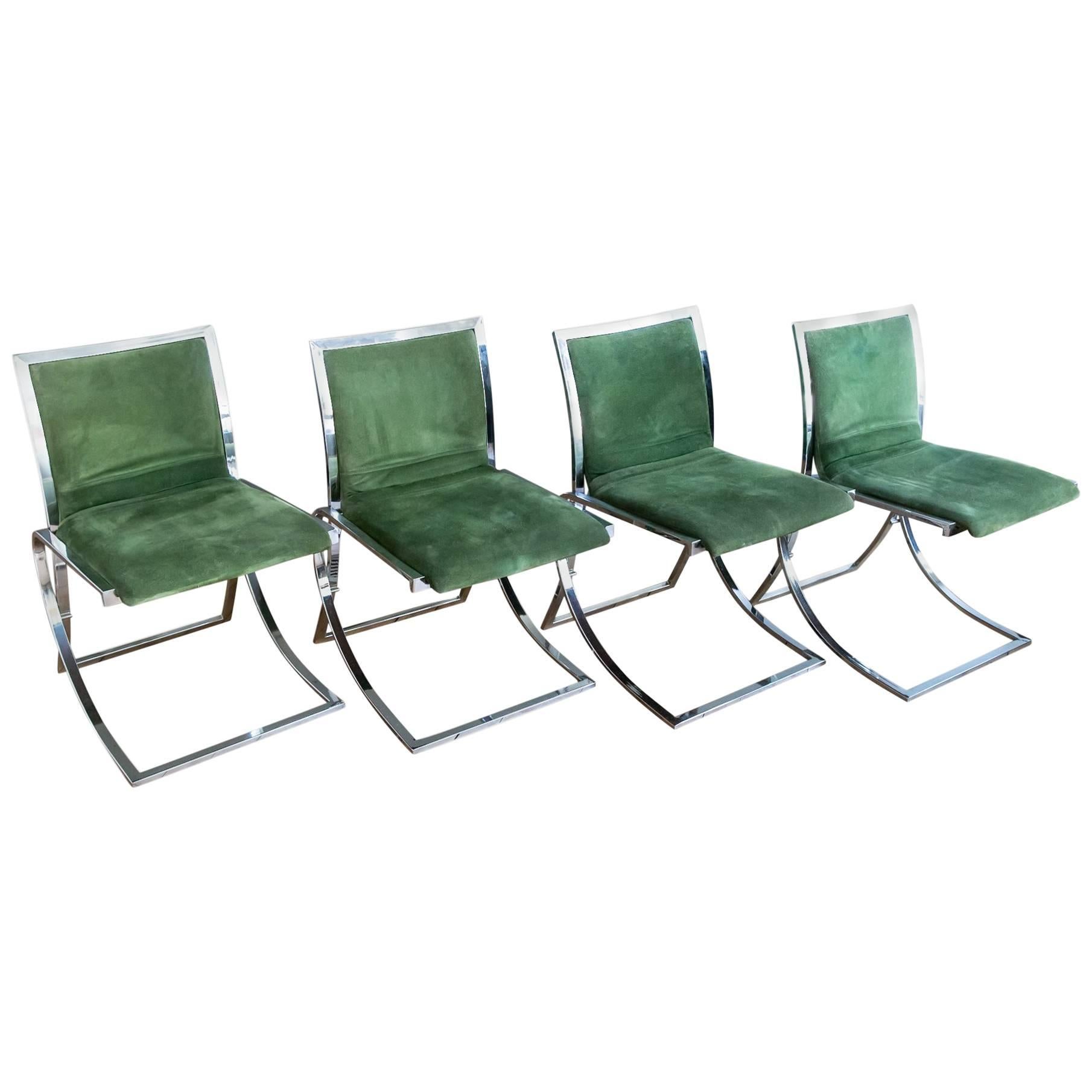 Set of Four Maison Jansen Chrome and Suede Dining Chairs For Sale