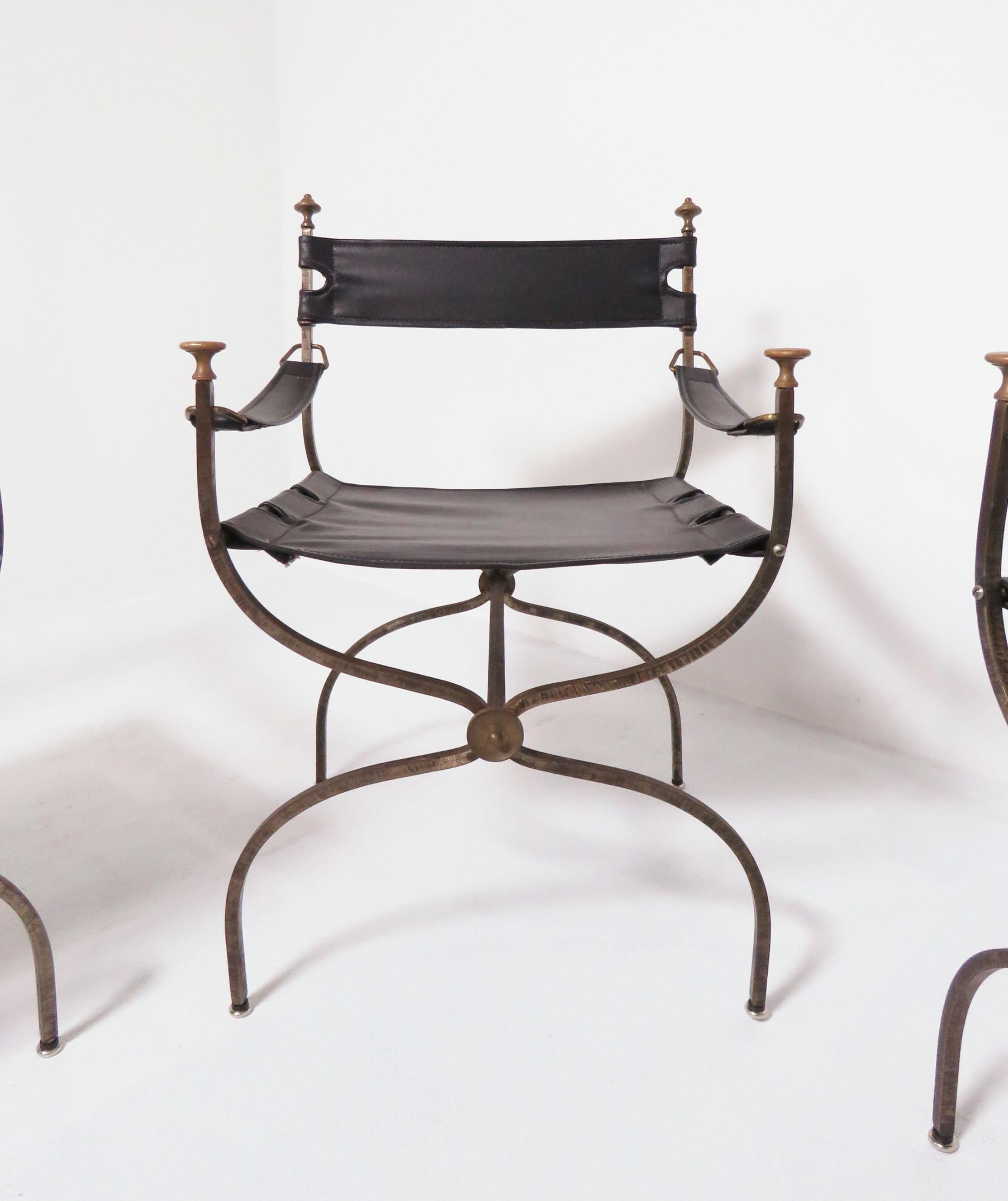 Set of Four Maison Jansen Style Campaign Chairs, circa 1960s In Good Condition In Peabody, MA