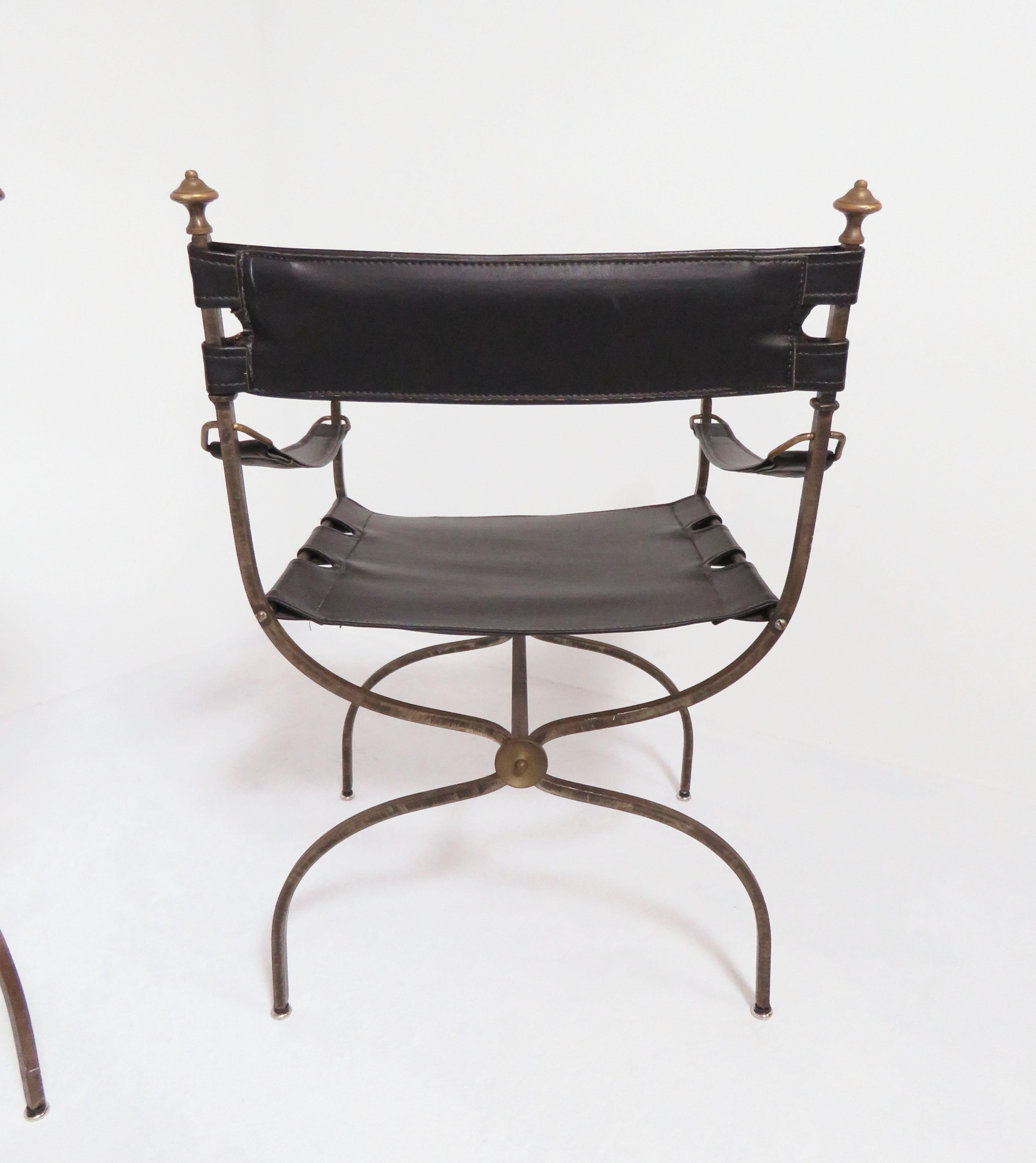 Brass Set of Four Maison Jansen Style Campaign Chairs, circa 1960s