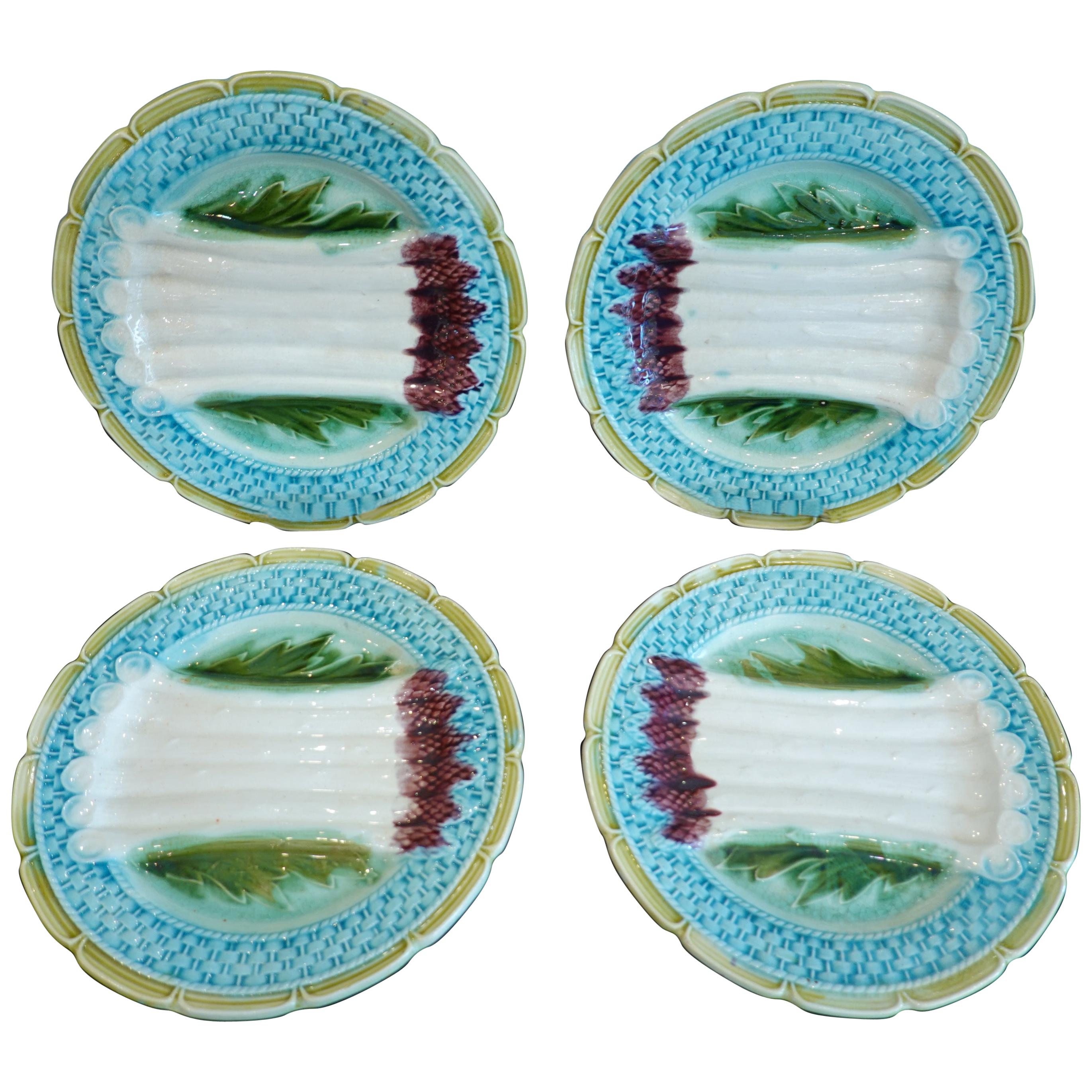 Set of Four Majolica Asparagus Plates Attributed to Orchies