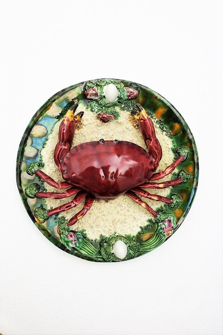 Mid-Century Modern Majolica Trompe L'oeil Seafood Plates Wall Composition, Portugal, 1950s