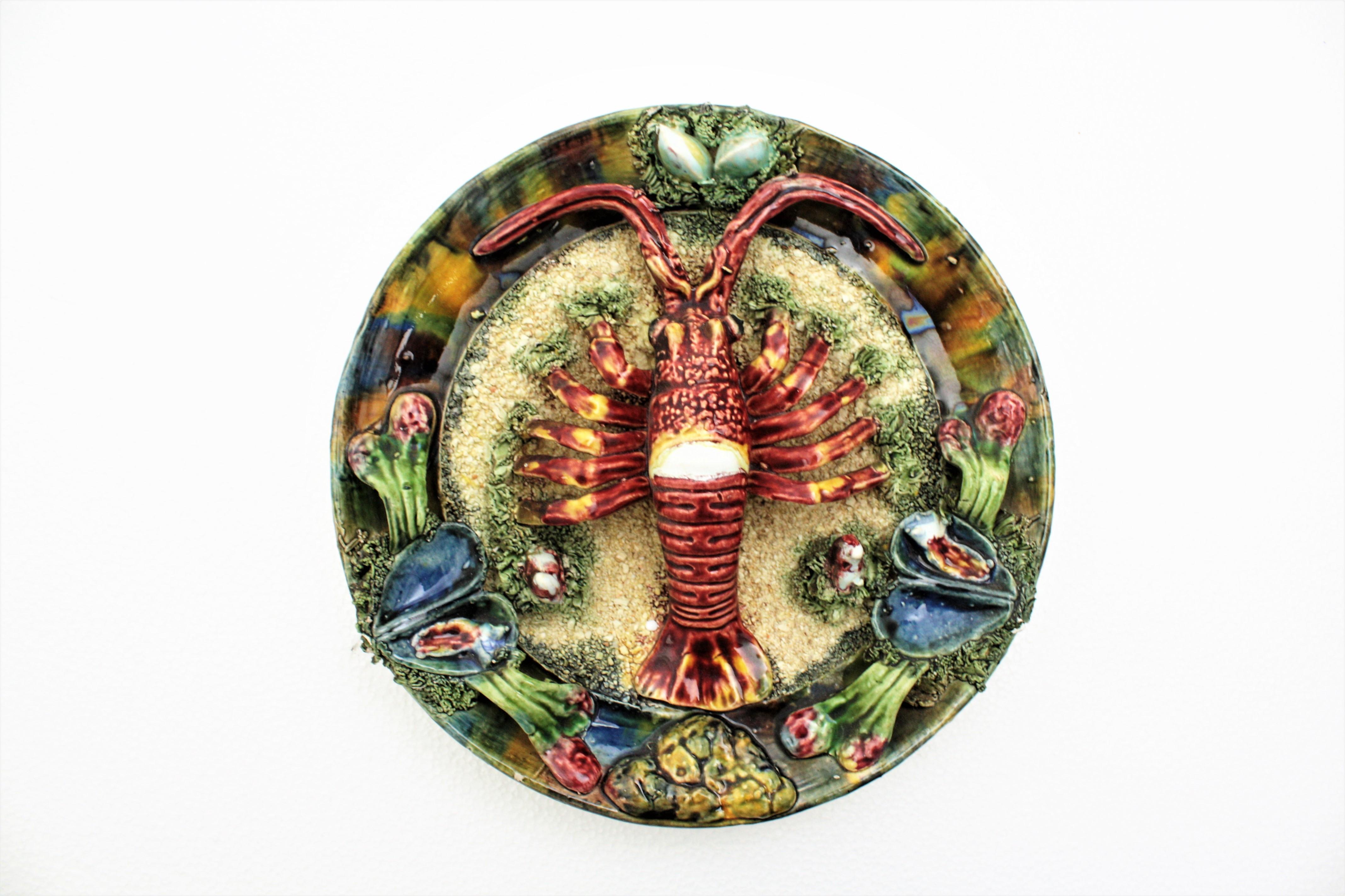 Majolica Trompe L'oeil Seafood Plates Wall Composition, Portugal, 1950s In Excellent Condition In Barcelona, ES