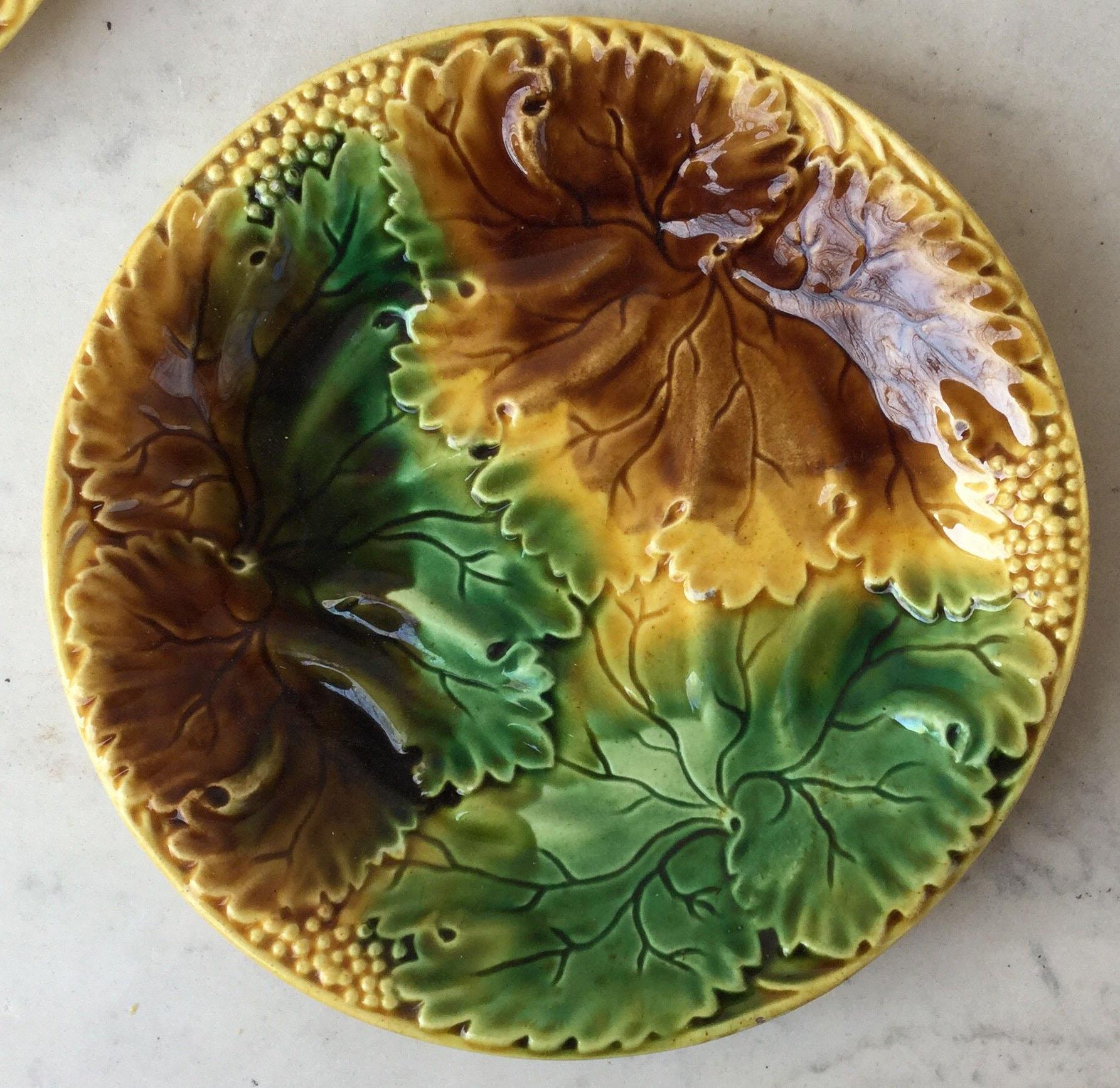 Country Set of Four Majolica Leaves Plates, circa 1890