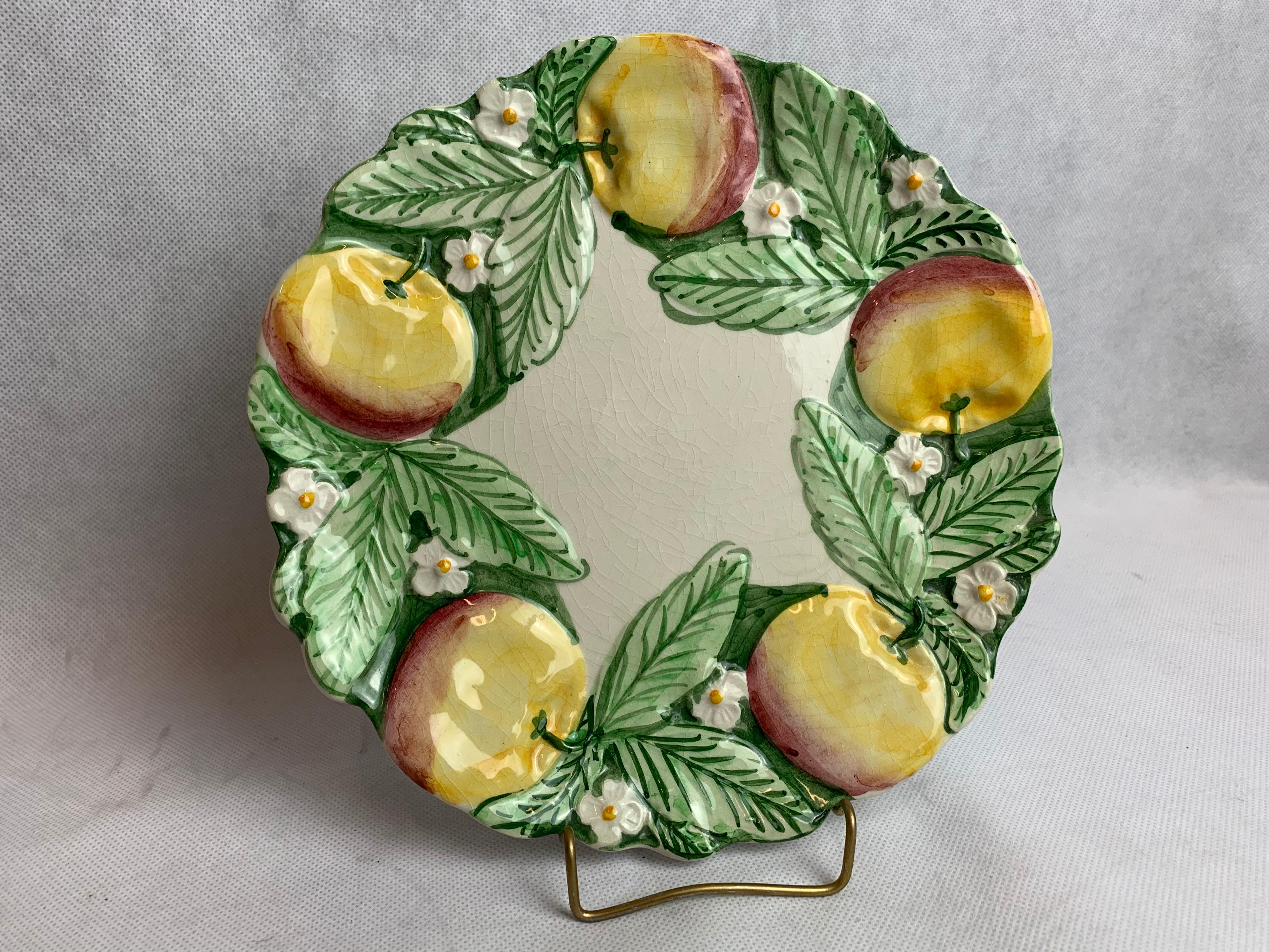 Art Nouveau Majolica Plates with Apples and Green Leaves, Hand Decorated-Set of Four
