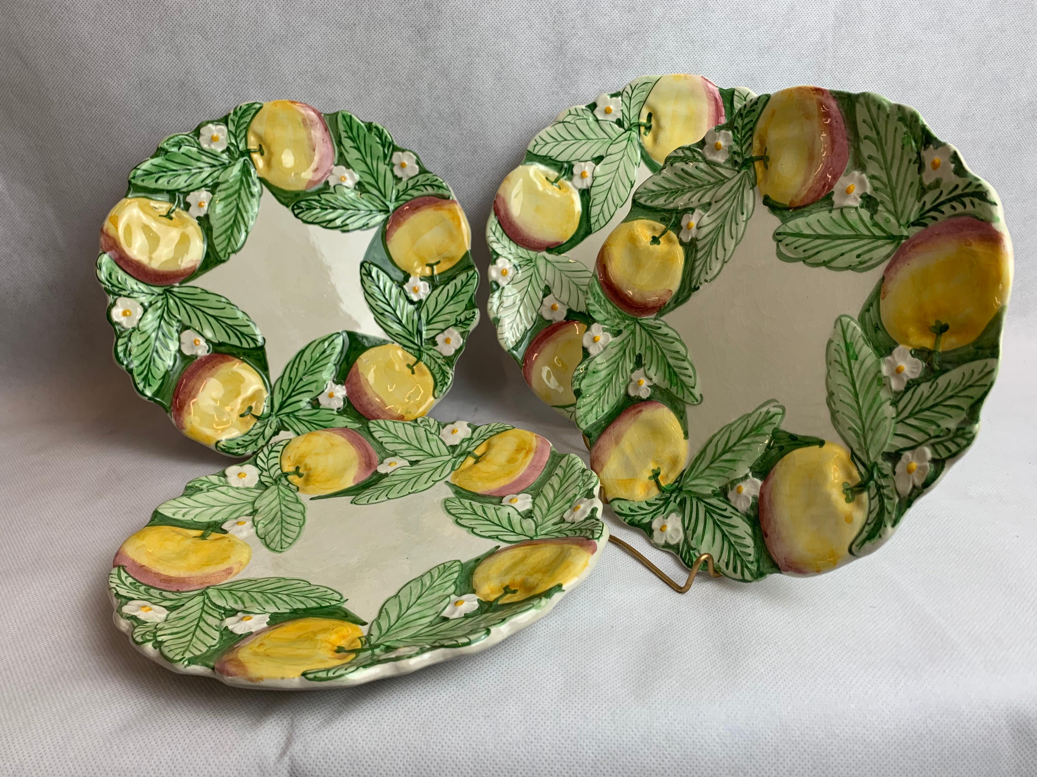 Majolica Plates with Apples and Green Leaves, Hand Decorated-Set of Four In Good Condition In West Palm Beach, FL