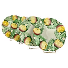 Retro Majolica Plates with Apples and Green Leaves, Hand Decorated-Set of Four
